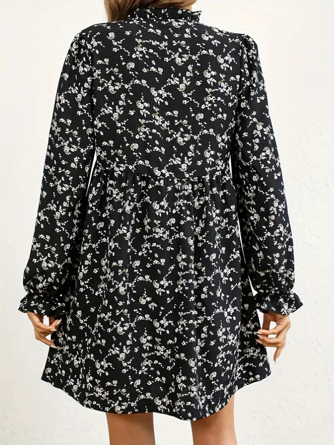 Blue Zone Planet |  Ditsy Floral Notched Flounce Sleeve Dress BLUE ZONE PLANET
