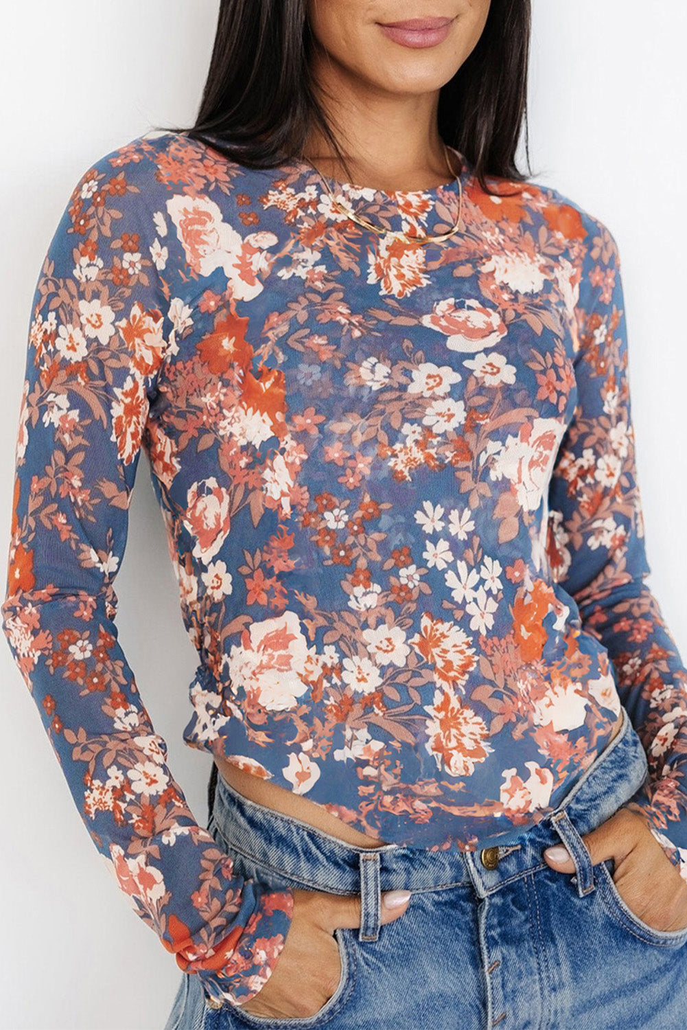 Black Floral Print Mesh Fitted Long Sleeve Top