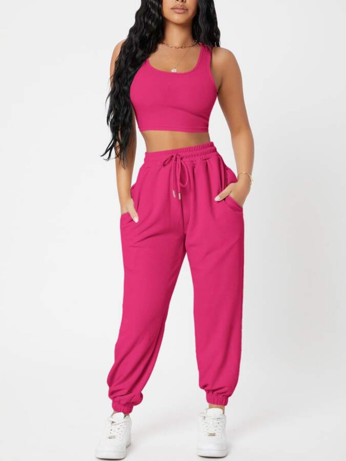 Wide Strap Top and Drawstring Joggers Set-TOPS / DRESSES-[Adult]-[Female]-Hot Pink-S-2022 Online Blue Zone Planet