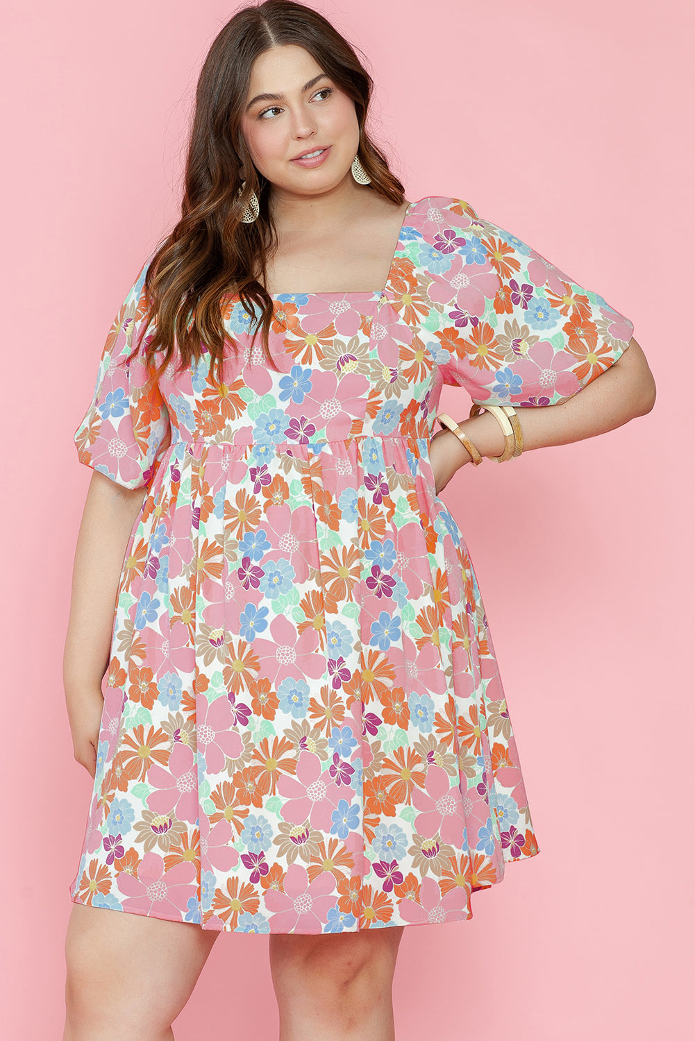 Blue Zone Planet | Multicolour Floral Puff Sleeve Square Neck Plus Babydoll Dress-TOPS / DRESSES-[Adult]-[Female]-Multicolour-1X-2022 Online Blue Zone Planet