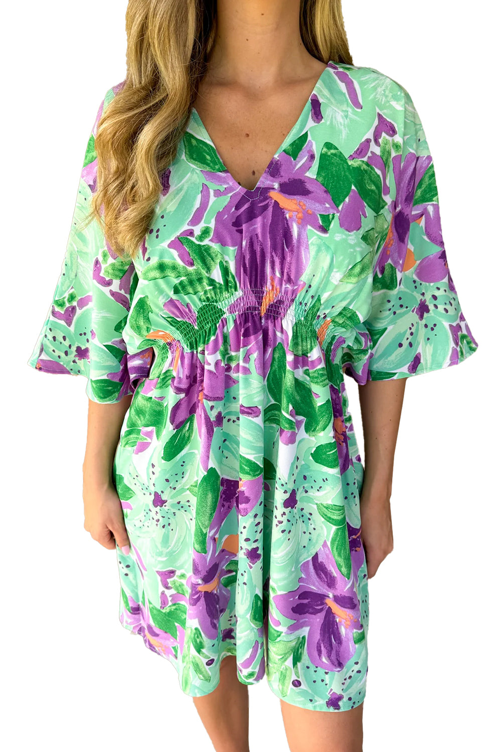 Blue Zone Planet | Green Boho Floral Half Sleeve V Neck Shirred Waist Mini Dress-TOPS / DRESSES-[Adult]-[Female]-2022 Online Blue Zone Planet