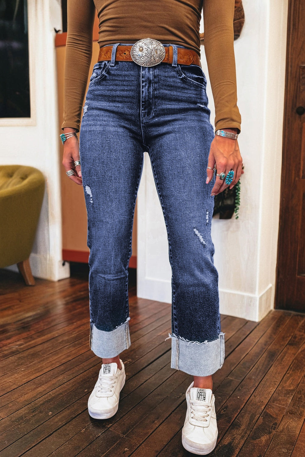 Real Teal Folded Cuffs Distressed Straight High Waist Jeans-Bottoms/Jeans-[Adult]-[Female]-2022 Online Blue Zone Planet
