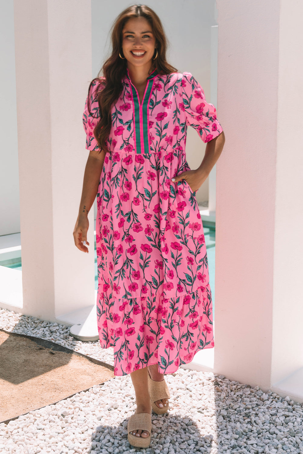 Pink Floral Contrast Neckline A-line Puff Sleeve Long Dress-Dresses/Maxi Dresses-[Adult]-[Female]-2022 Online Blue Zone Planet