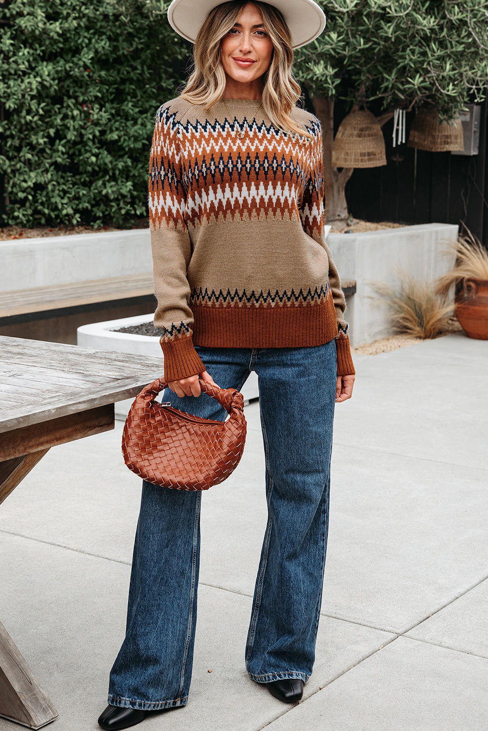 Khaki Aztec Print Colorblock Crew Neck Sweater-TOPS / DRESSES-[Adult]-[Female]-2022 Online Blue Zone Planet