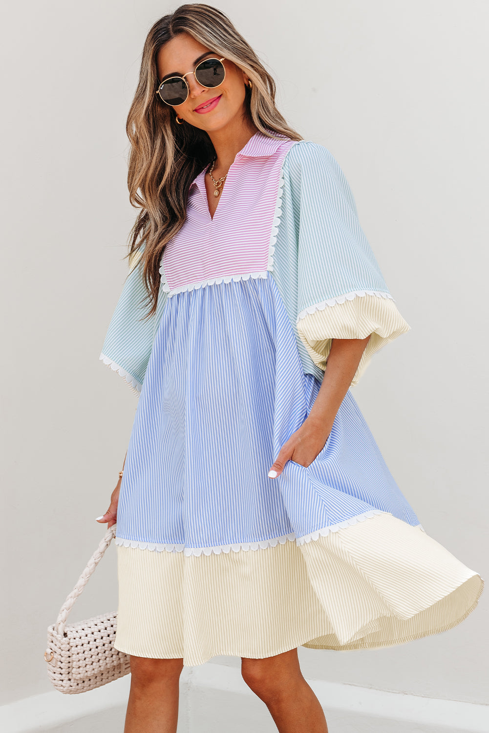 Multicolour Striped Patchwork Ric Rac Puff Sleeve Collared Mini Dress-TOPS / DRESSES-[Adult]-[Female]-2022 Online Blue Zone Planet
