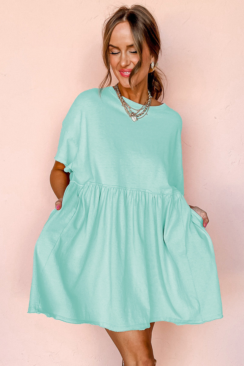 Moonlight Jade Solid Color Pocketed Raw Edge Babydoll Dress-Dresses/Mini Dresses-[Adult]-[Female]-2022 Online Blue Zone Planet