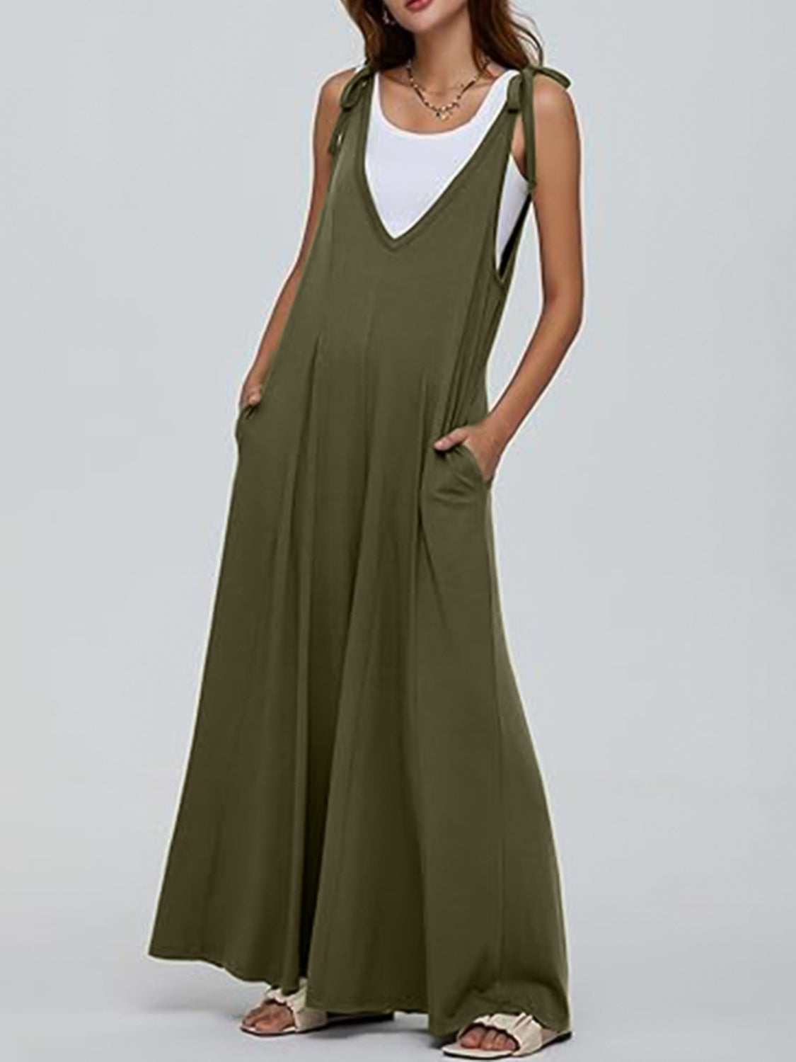 V-Neck Tie Shoulder Jumpsuit-TOPS / DRESSES-[Adult]-[Female]-Army Green-S-2022 Online Blue Zone Planet