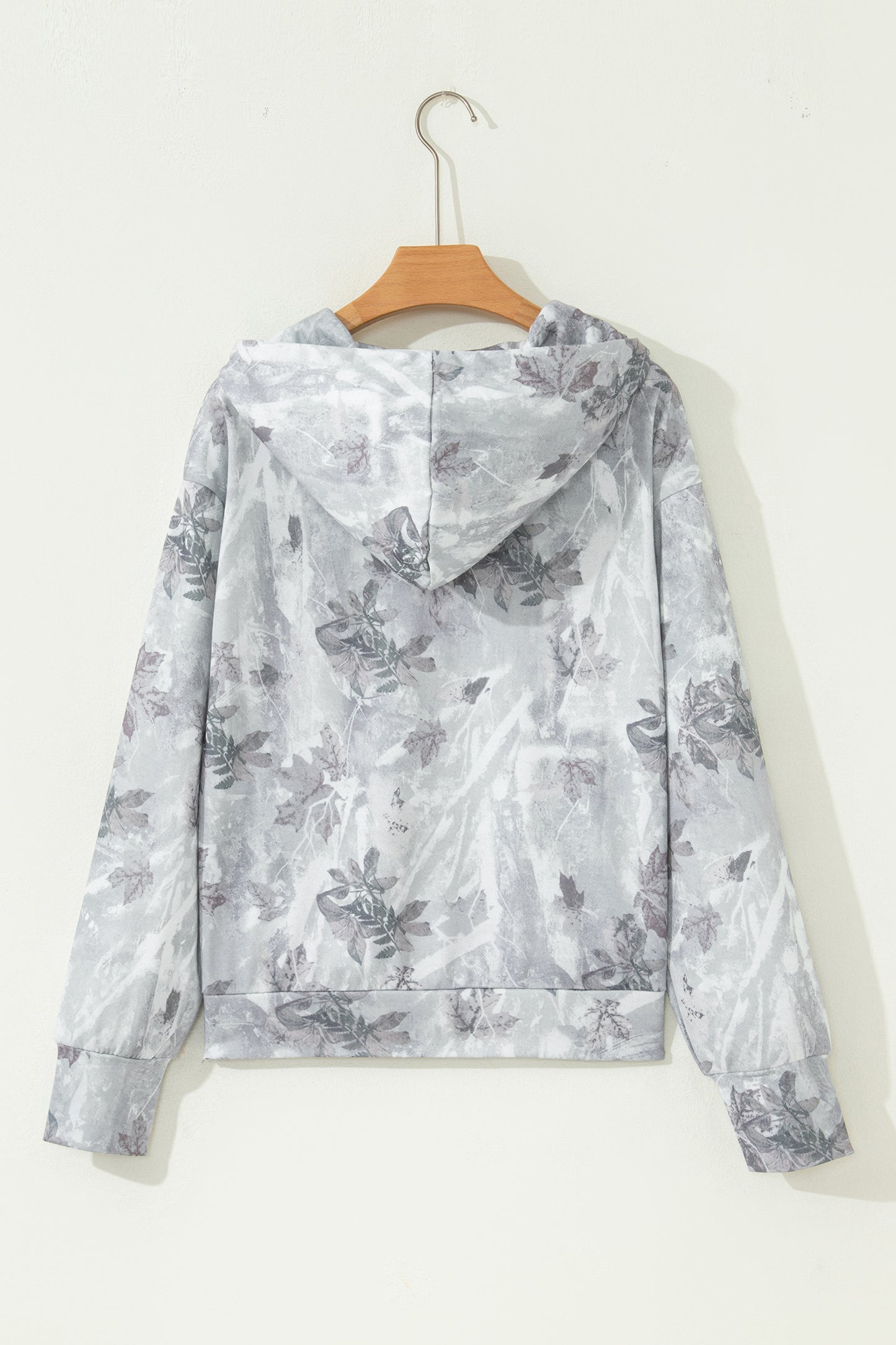 Gray Camo Leaf Print Kangaroo Pocket Quarter Zip Hoodie-Tops / Dresses-[Adult]-[Female]-2022 Online Blue Zone Planet