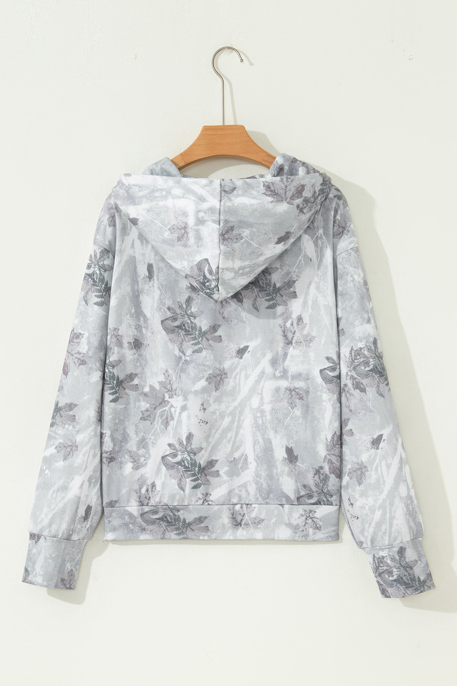 Gray Camo Leaf Print Kangaroo Pocket Quarter Zip Hoodie-Tops / Dresses-[Adult]-[Female]-2022 Online Blue Zone Planet