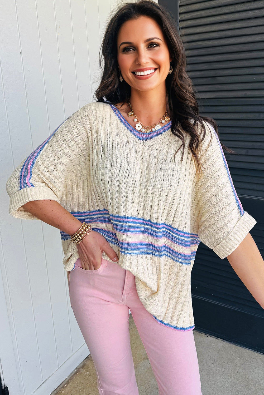 White Striped V Neck Dolman Sleeve Rib Knit Oversized Sweater with Slits-TOPS / DRESSES-[Adult]-[Female]-2022 Online Blue Zone Planet