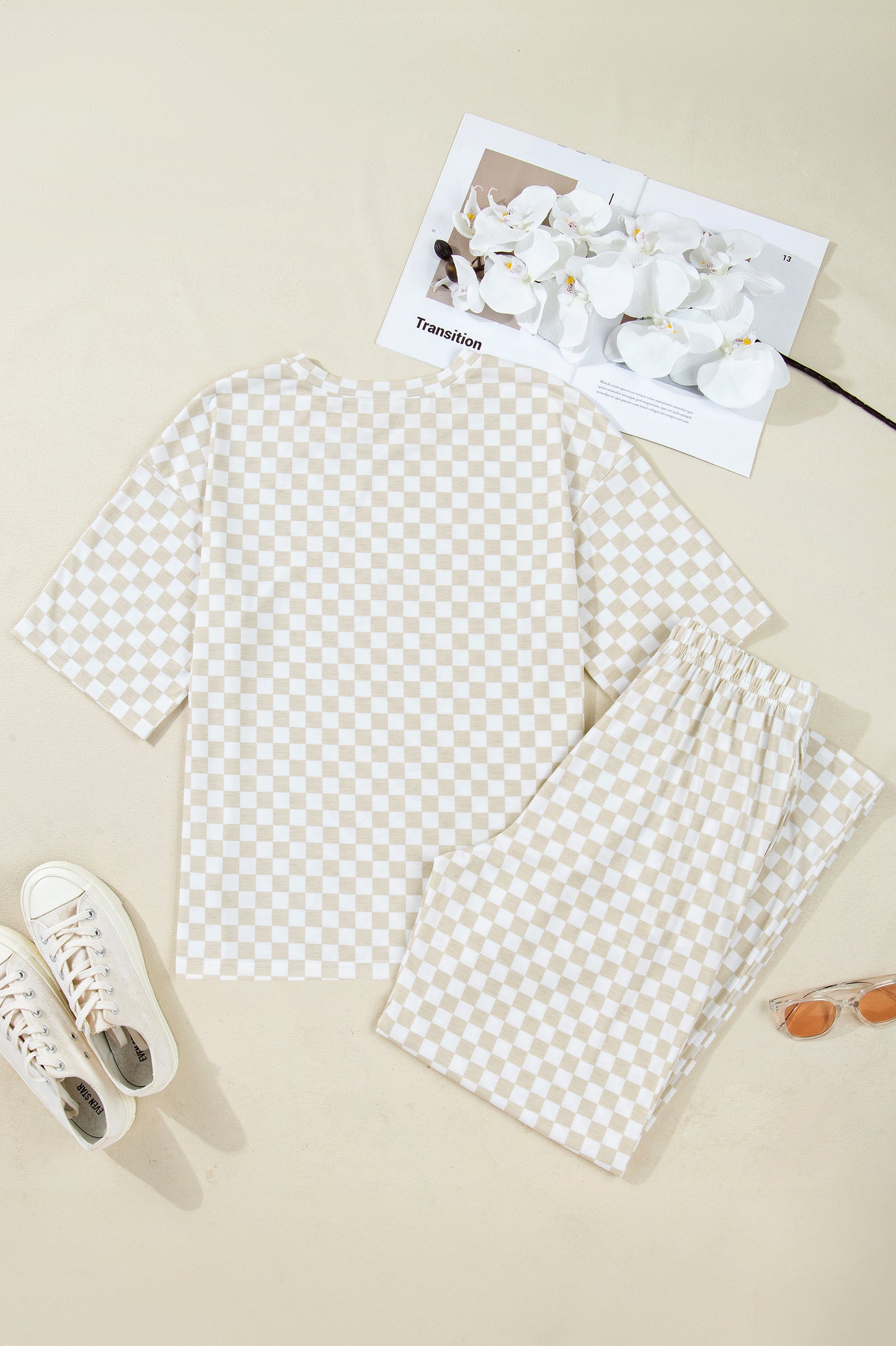 Khaki Checkered Print Half Sleeve Tee 2pcs Lounge Pant Set-Loungewear & Sleepwear/Loungewear-[Adult]-[Female]-2022 Online Blue Zone Planet