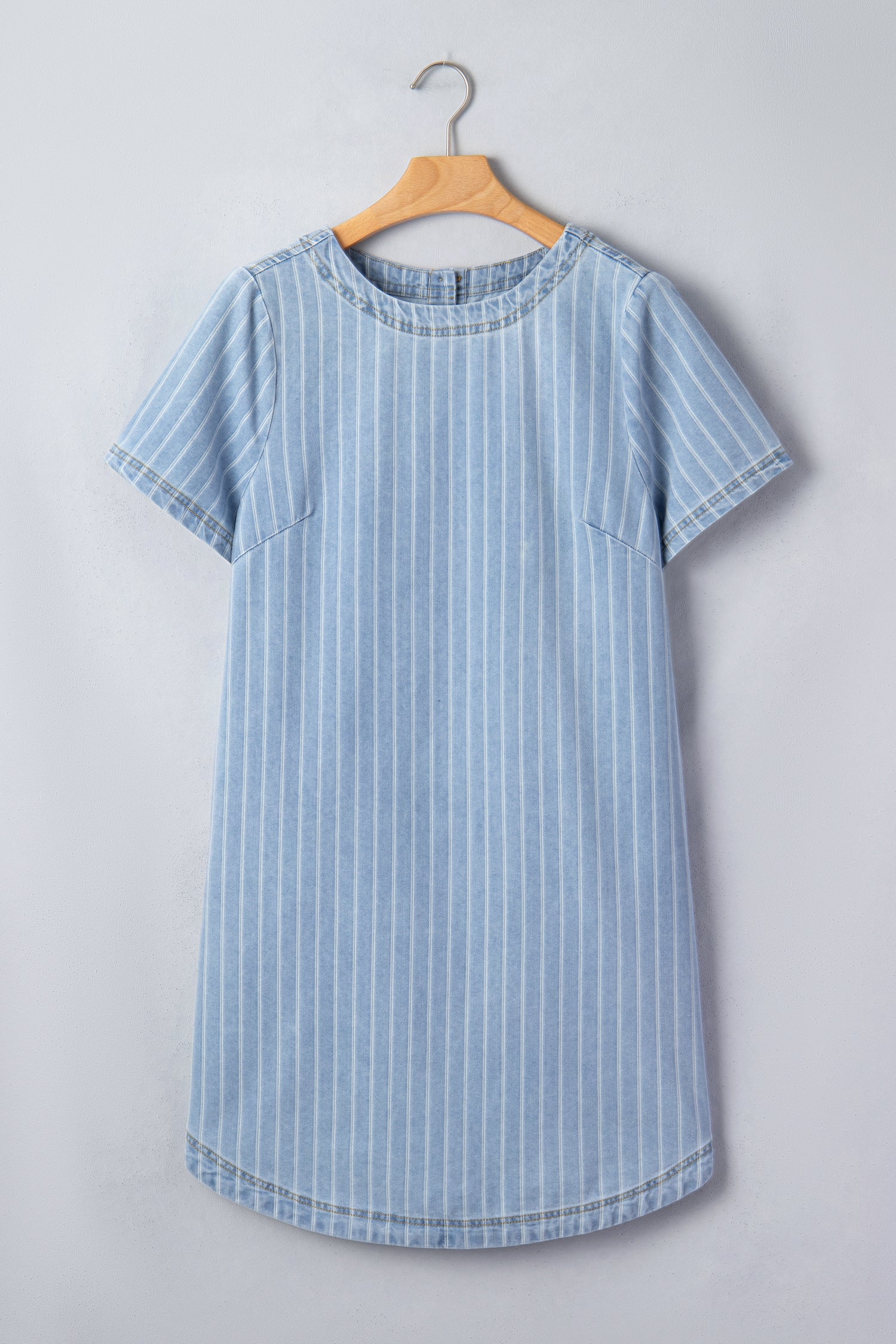 Sky Blue Stripe Buttoned Back T-Shirt Denim Mini Dress-TOPS / DRESSES-[Adult]-[Female]-2022 Online Blue Zone Planet