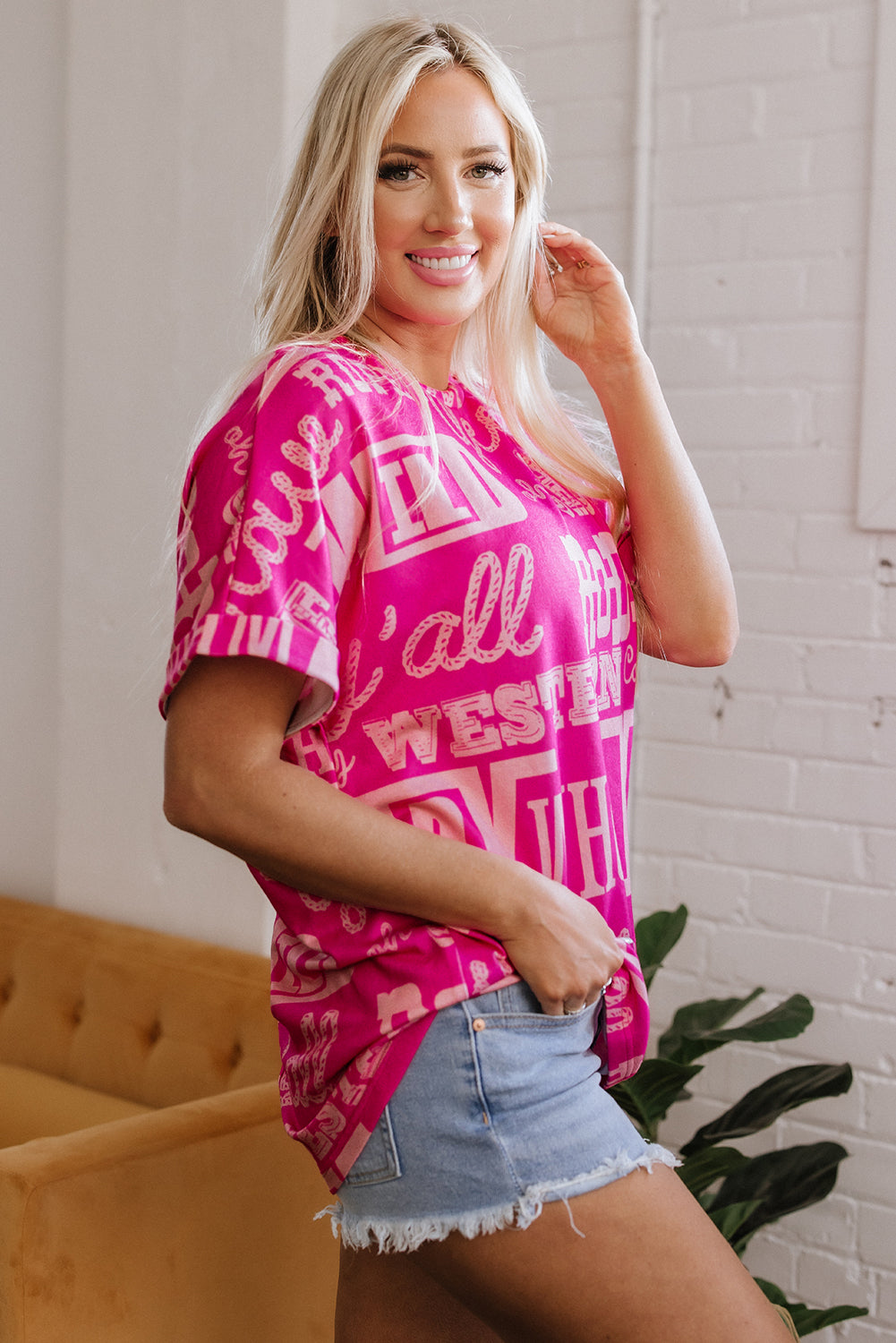 Rose Howdy Cowboy Letter Printed Western Fashion Tee-Tops/Tops & Tees-[Adult]-[Female]-2022 Online Blue Zone Planet