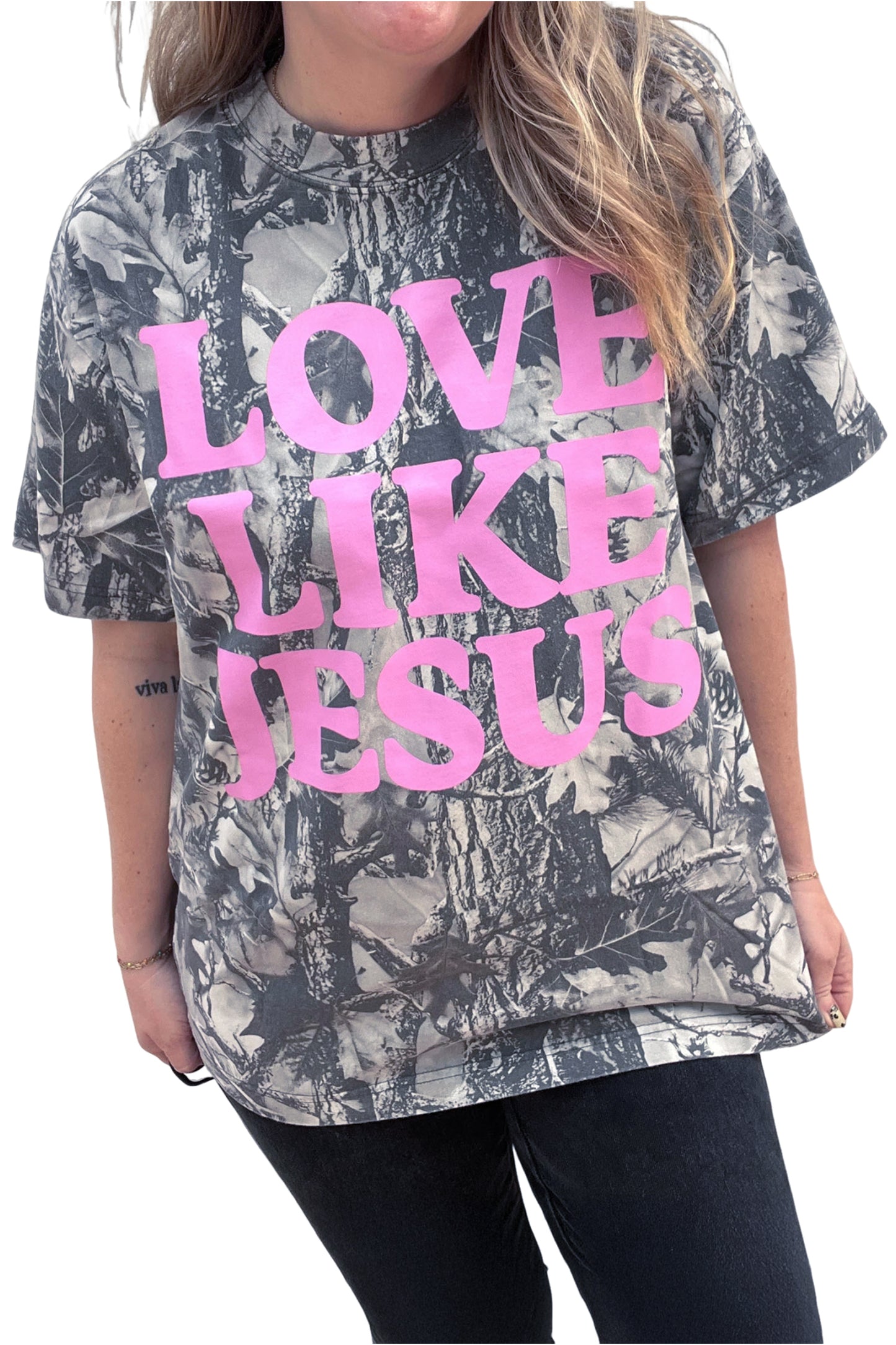 Gray Woodland Camouflage LOVE LIKE JESUS Plus Size T Shirt-Plus Size/Plus Size Tops/Plus Size Tops & Tees-[Adult]-[Female]-2022 Online Blue Zone Planet