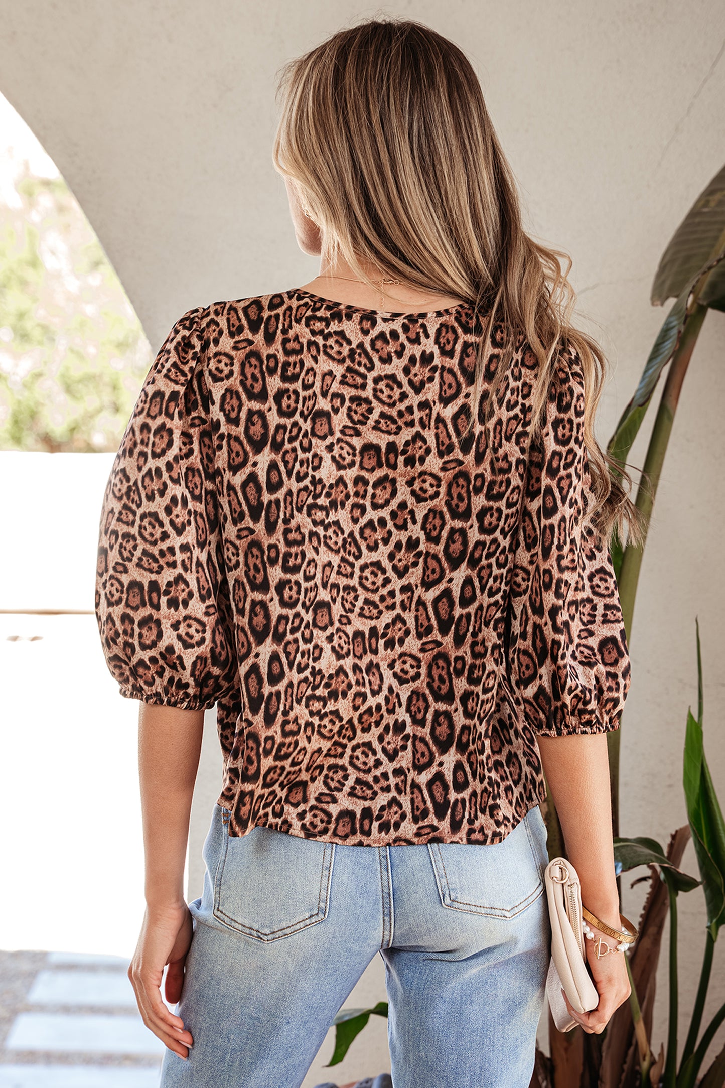 Brown Leopard Bow Tie Puff Sleeve Blouse-Tops/Blouses & Shirts-[Adult]-[Female]-2022 Online Blue Zone Planet