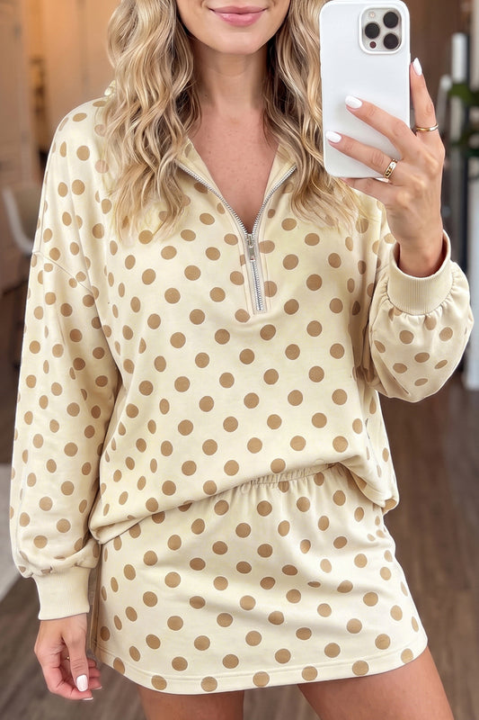 Khaki Polka Dot Hooded Long Sleeve Top Casual Mini Skort Set-Two Piece Sets/Two Piece Dresses-[Adult]-[Female]-Khaki-S-2022 Online Blue Zone Planet