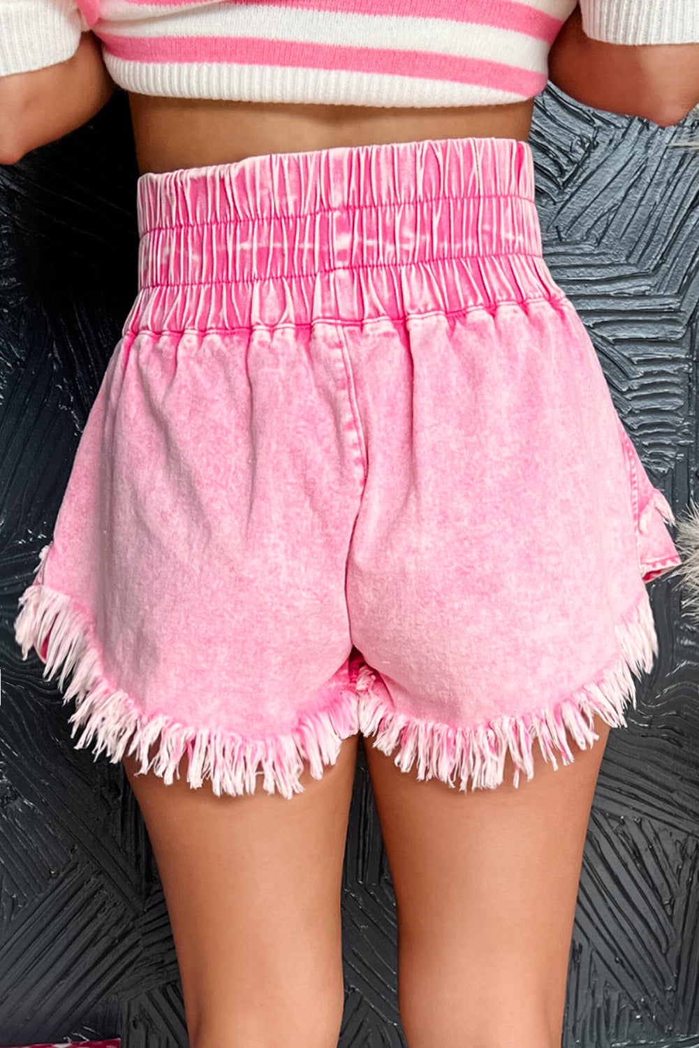 Pink Washed Wide Smocked Waistband Frayed Denim Shorts-Bottoms/Denim Shorts-[Adult]-[Female]-2022 Online Blue Zone Planet