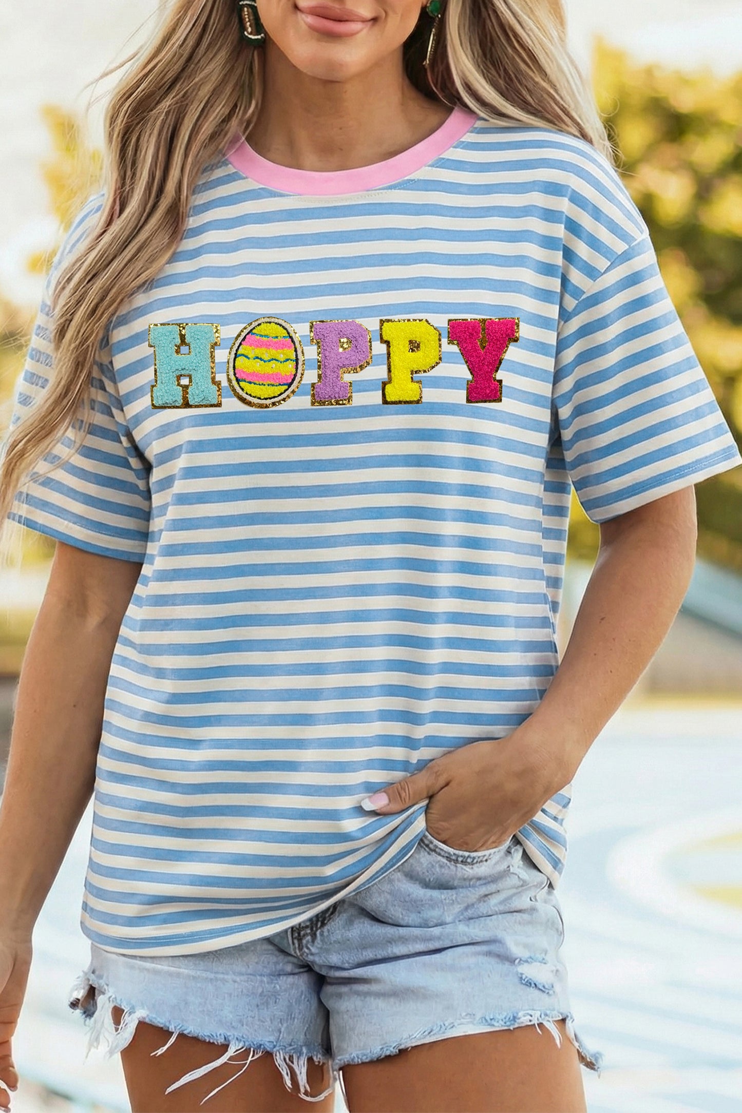 Sky Blue Stripe HOPPY Chenille Patched Graphic Crew Neck Tee-Graphic/Graphic Tees-[Adult]-[Female]-2022 Online Blue Zone Planet