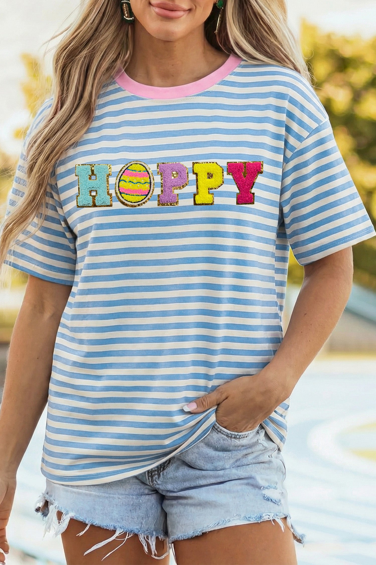 Sky Blue Stripe HOPPY Chenille Patched Graphic Crew Neck Tee-Graphic/Graphic Tees-[Adult]-[Female]-2022 Online Blue Zone Planet