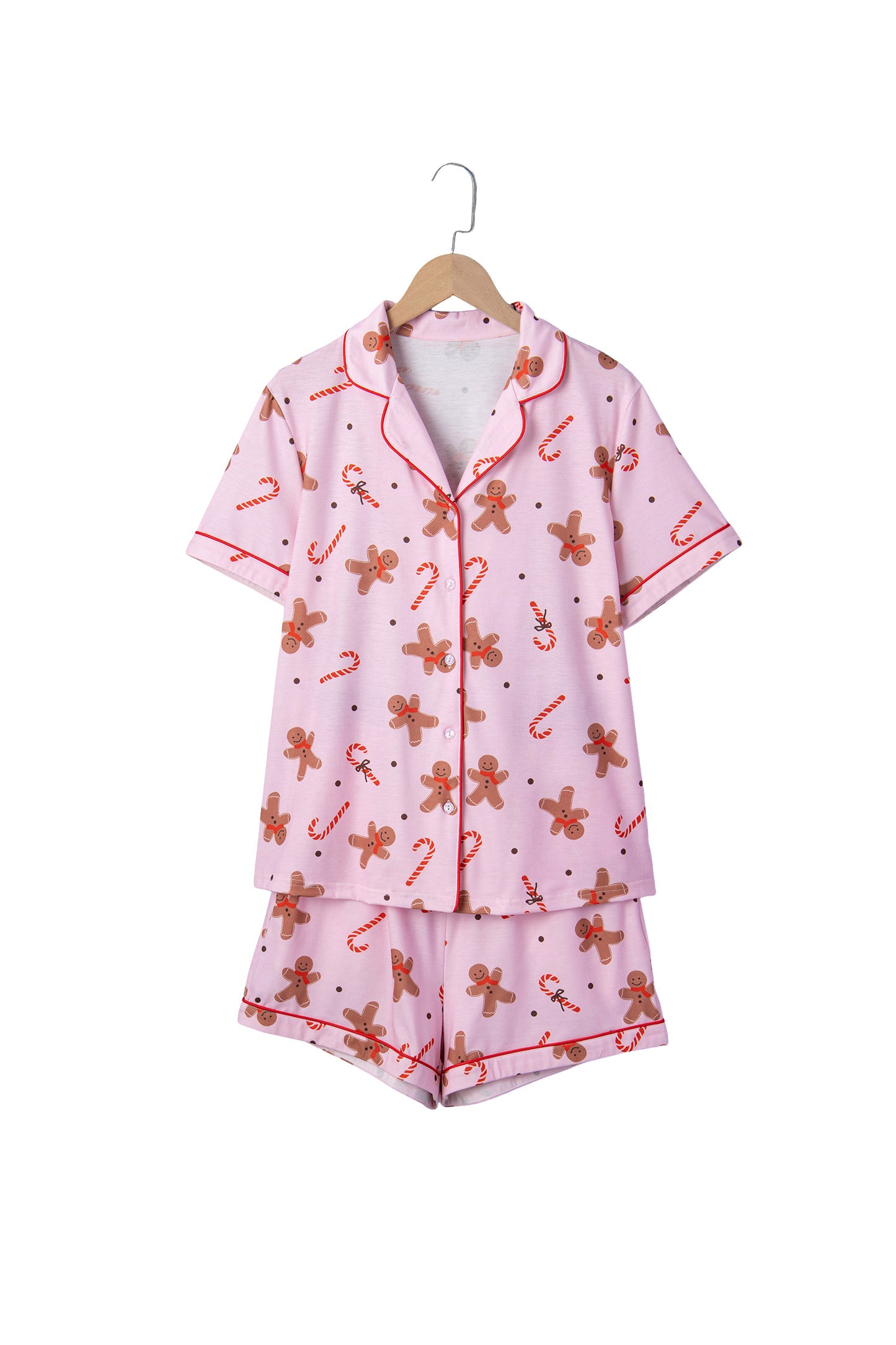 Pink Short Sleeve Placket Shell Button Elastic Waist Lounge Set-Loungewear & Sleepwear/Loungewear-[Adult]-[Female]-2022 Online Blue Zone Planet
