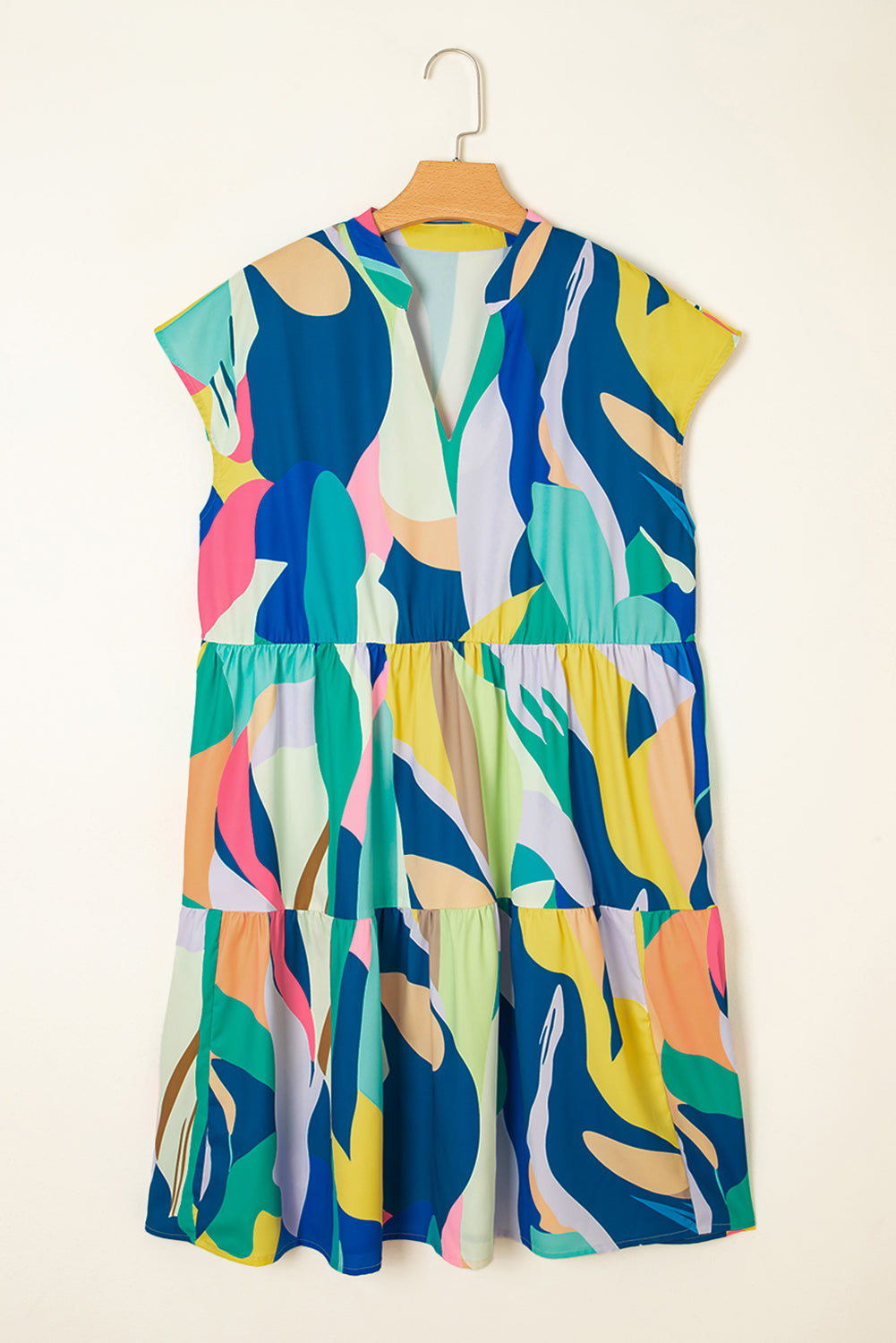 Blue Abstract Print V Neck Cap Sleeve Pocketed Mini Dress-TOPS / DRESSES-[Adult]-[Female]-2022 Online Blue Zone Planet