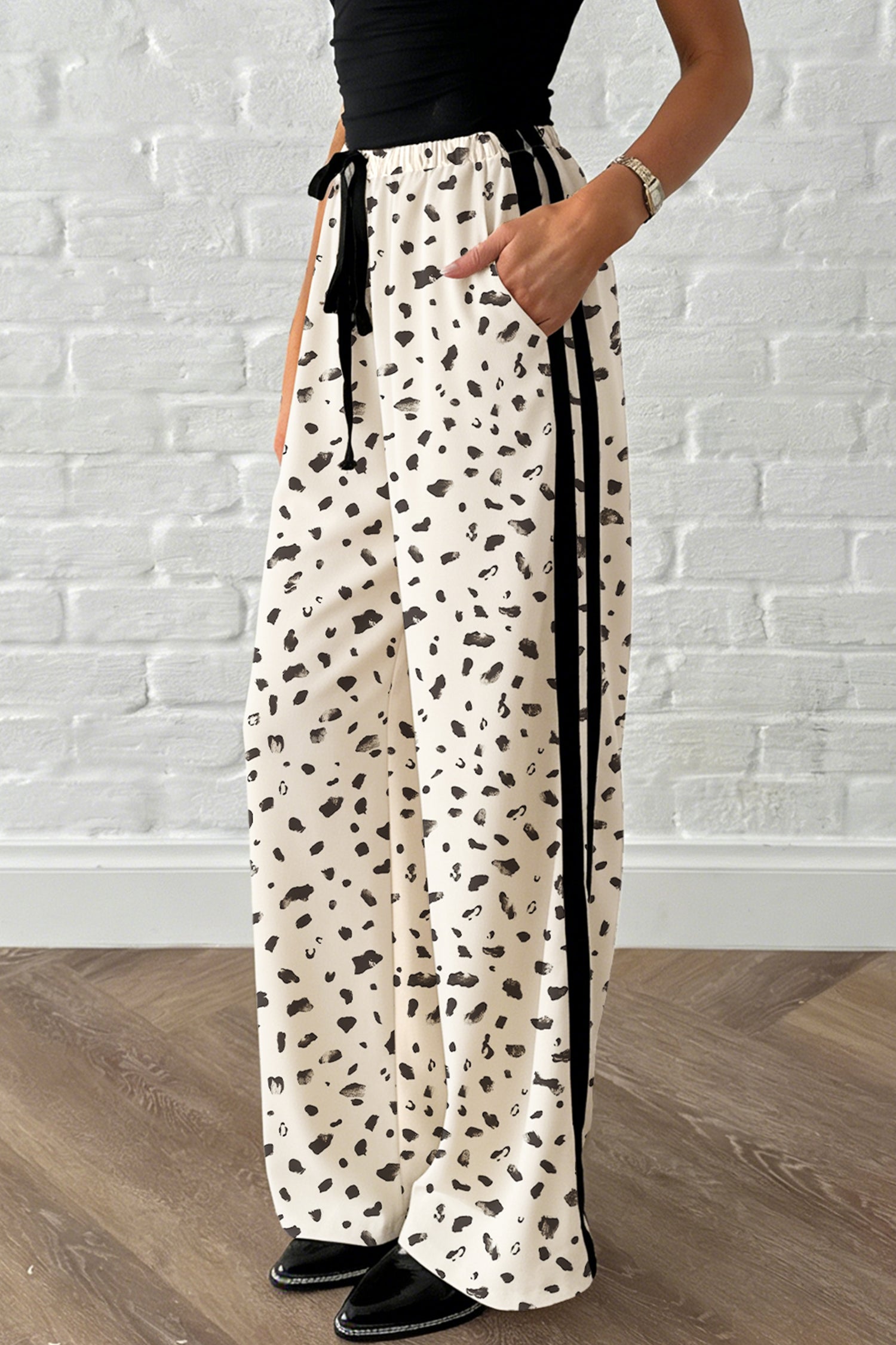Beige Leopard Print Side Stripe Detail Loose Drawstring Pants-Bottoms/Pants & Culotte-[Adult]-[Female]-2022 Online Blue Zone Planet