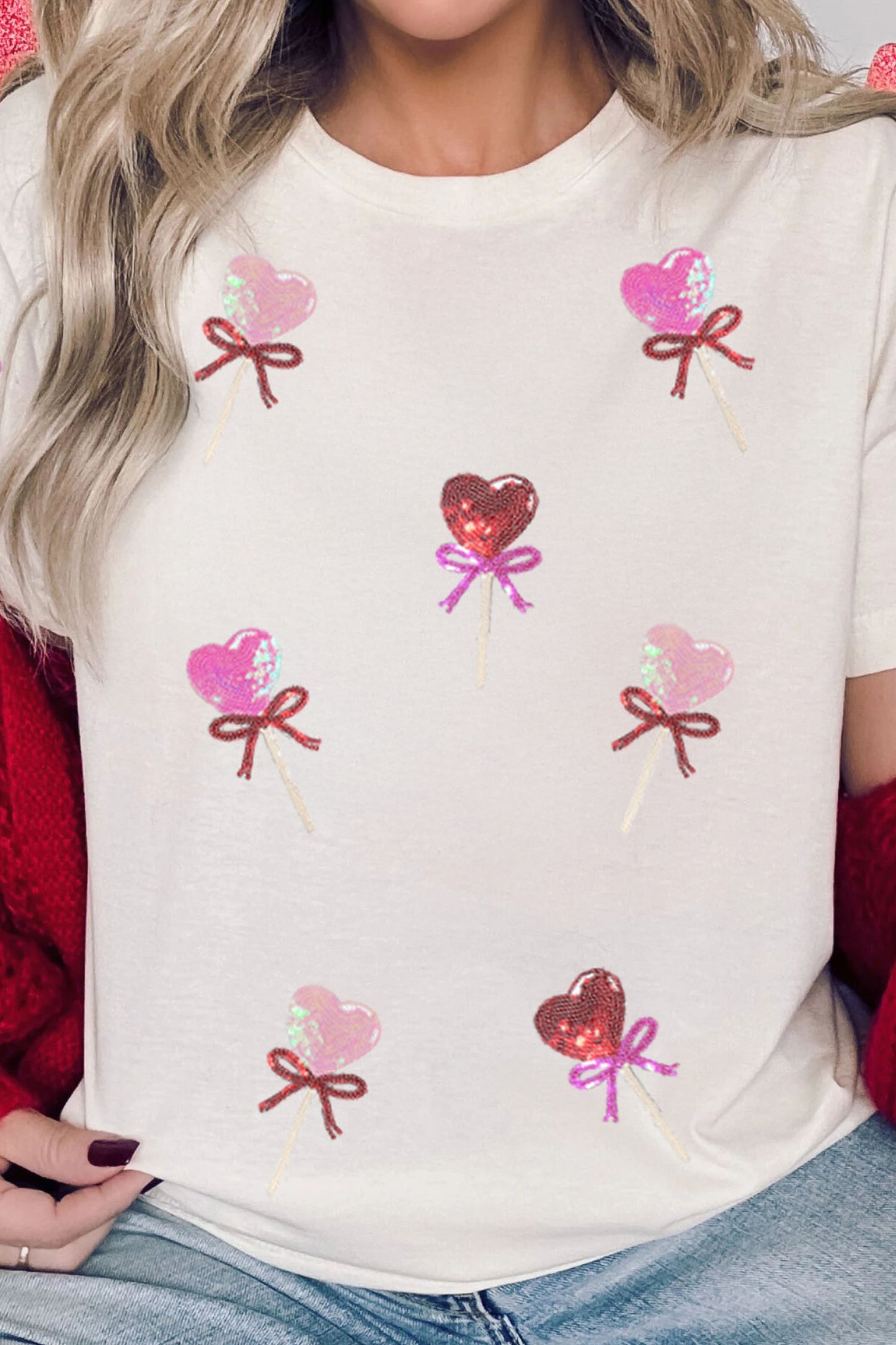 White Sequin Bow Heart Shape Lolly Valentines Day Graphic Tee-Graphic Tees-[Adult]-[Female]-2022 Online Blue Zone Planet