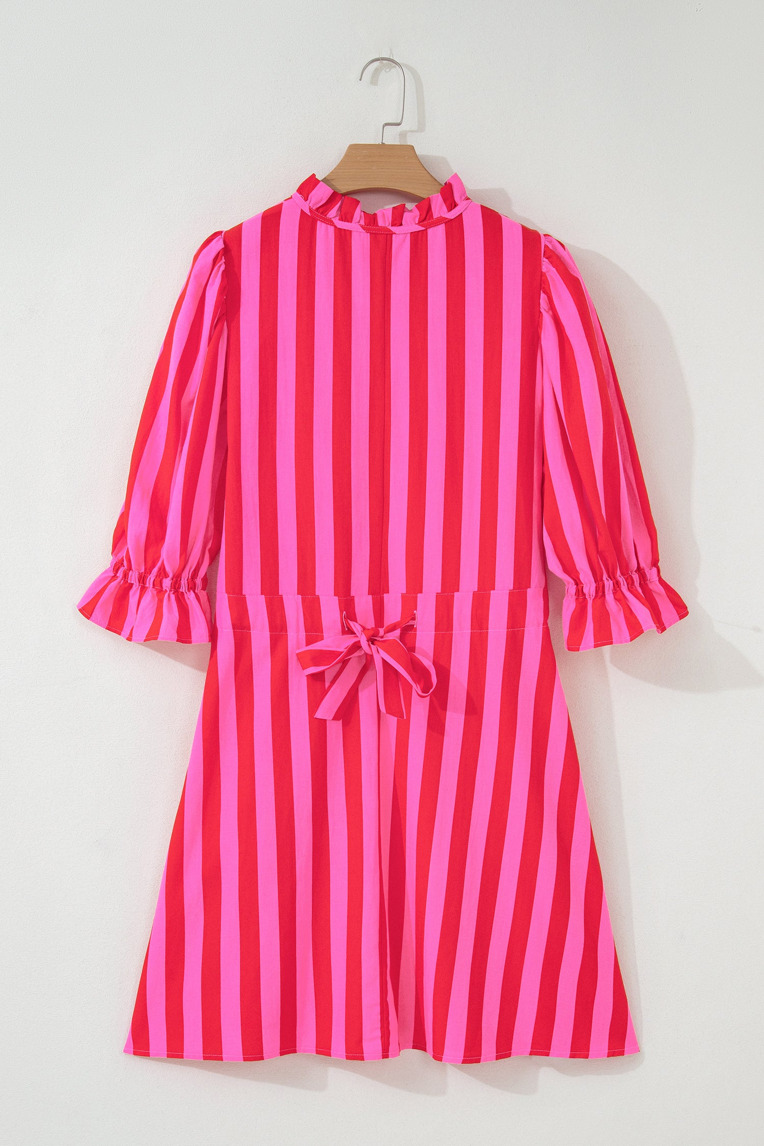 Rose Stripe Frilled Collar Button Neck Short Sleeve Curvy Mini Dress-TOPS / DRESSES-[Adult]-[Female]-2022 Online Blue Zone Planet