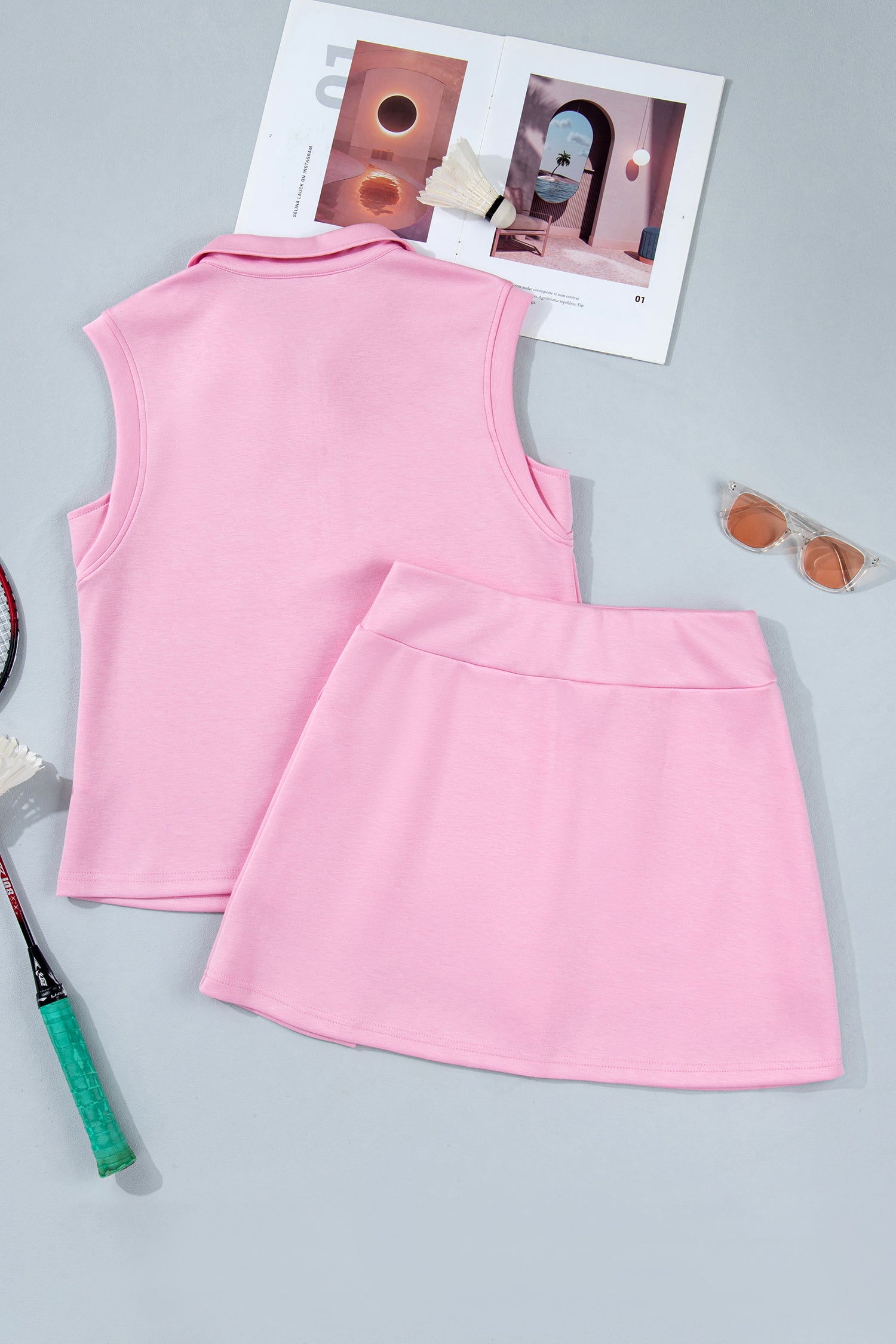 Light Grey Solid Color Sleeveless Zipper Tank and Skort Set-Two Piece Sets/Short Sets-[Adult]-[Female]-2022 Online Blue Zone Planet
