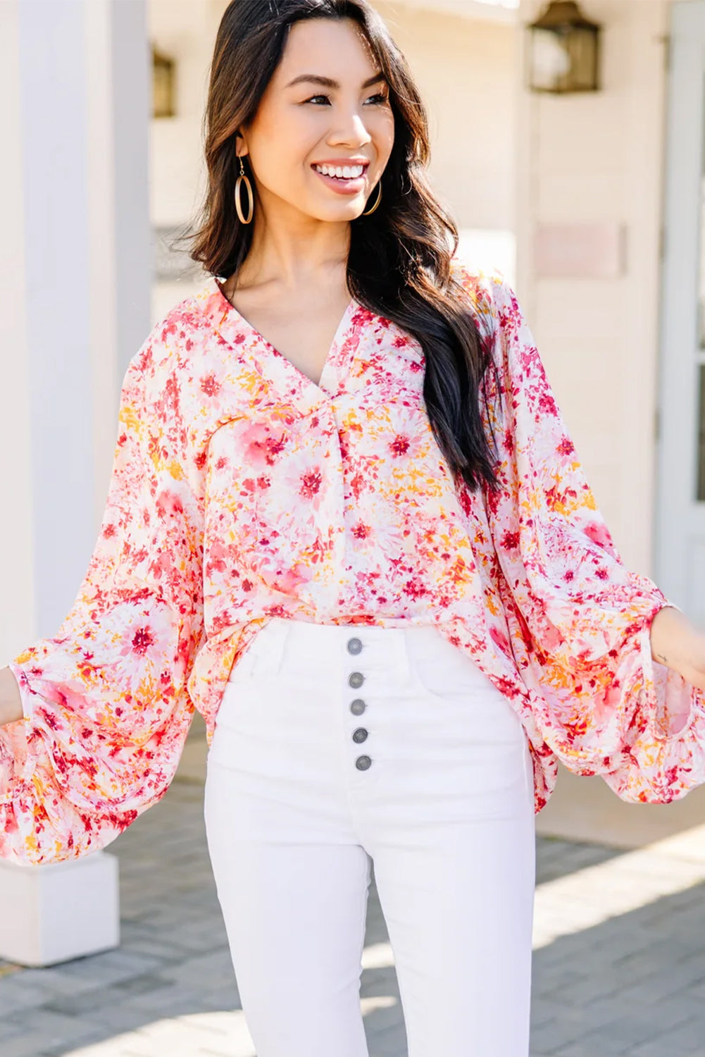 Pink Ditsy Floral Bubble Sleeve V Neck Blouse-Tops/Blouses & Shirts-[Adult]-[Female]-2022 Online Blue Zone Planet