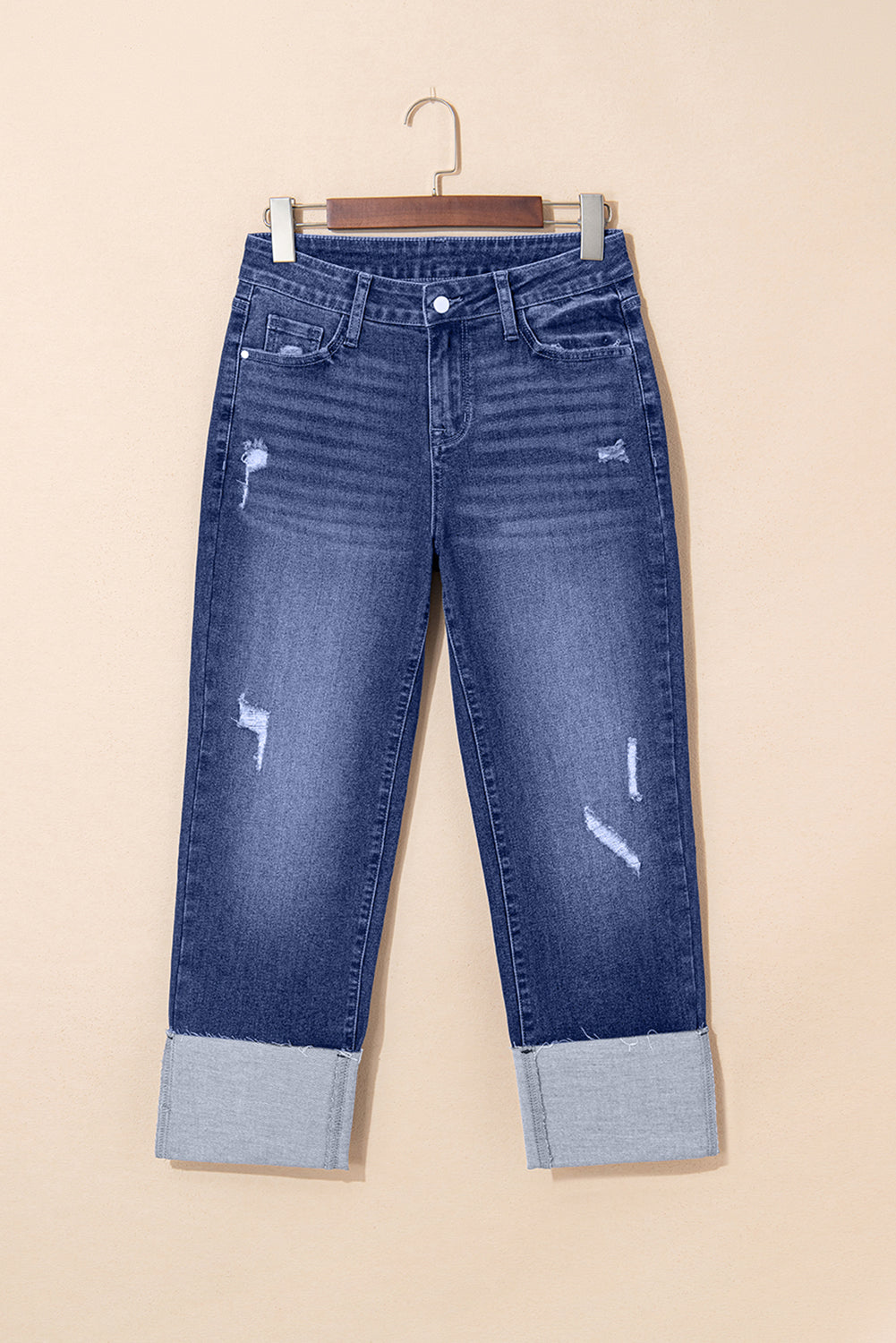 Real Teal Folded Cuffs Distressed Straight High Waist Jeans-Bottoms/Jeans-[Adult]-[Female]-2022 Online Blue Zone Planet