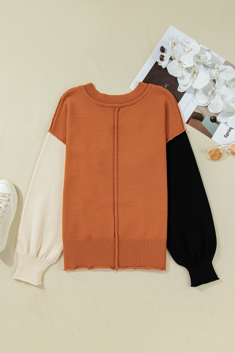 Desert Gold Colorblock Raw Edge Bubble Sleeve V Neck Sweater-Sweaters & Cardigans/Sweaters-[Adult]-[Female]-2022 Online Blue Zone Planet