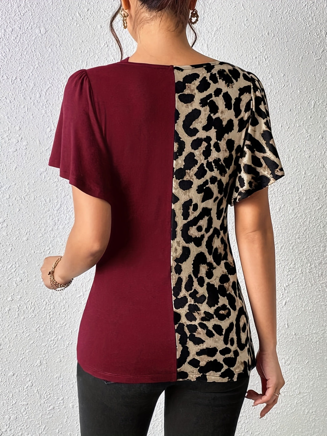 Ruched Leopard Flutter Sleeve T-Shirt-TOPS / DRESSES-[Adult]-[Female]-2022 Online Blue Zone Planet