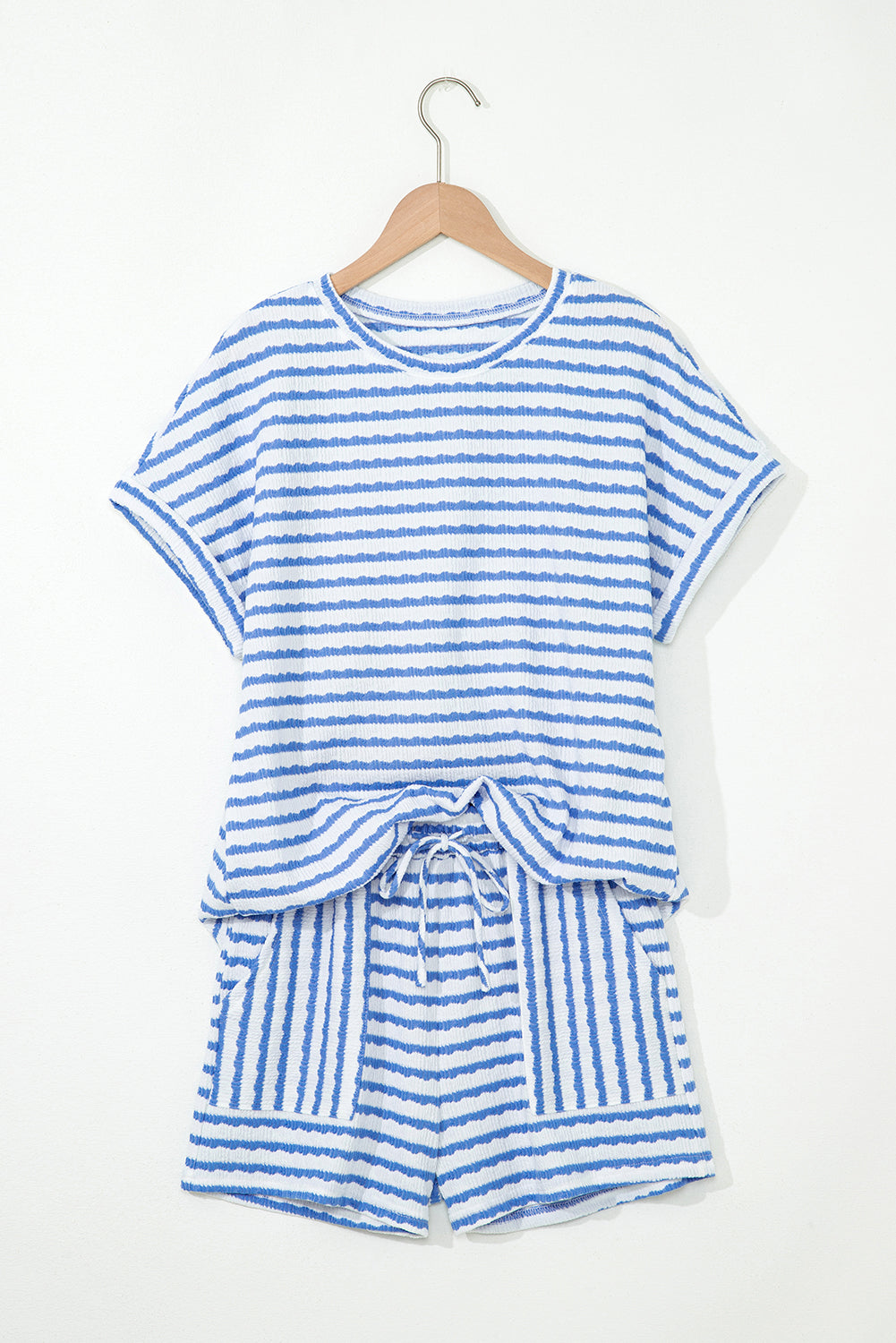 Sky Blue Stripe Knitted Short Sleeve Top and Drawstring Shorts Set-Two Piece Sets/Short Sets-[Adult]-[Female]-2022 Online Blue Zone Planet