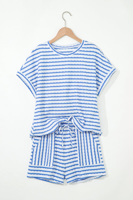 Sky Blue Stripe Knitted Short Sleeve Top and Drawstring Shorts Set-Two Piece Sets/Short Sets-[Adult]-[Female]-2022 Online Blue Zone Planet