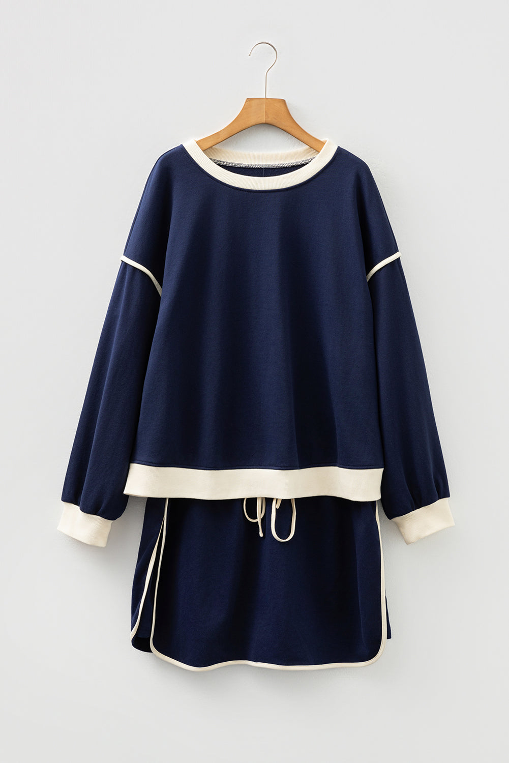 Navy Blue Plus Color Block Drop Shoulder Top and Lace-up Skirt Outfit-Plus Size/Plus Size Loungewear-[Adult]-[Female]-2022 Online Blue Zone Planet