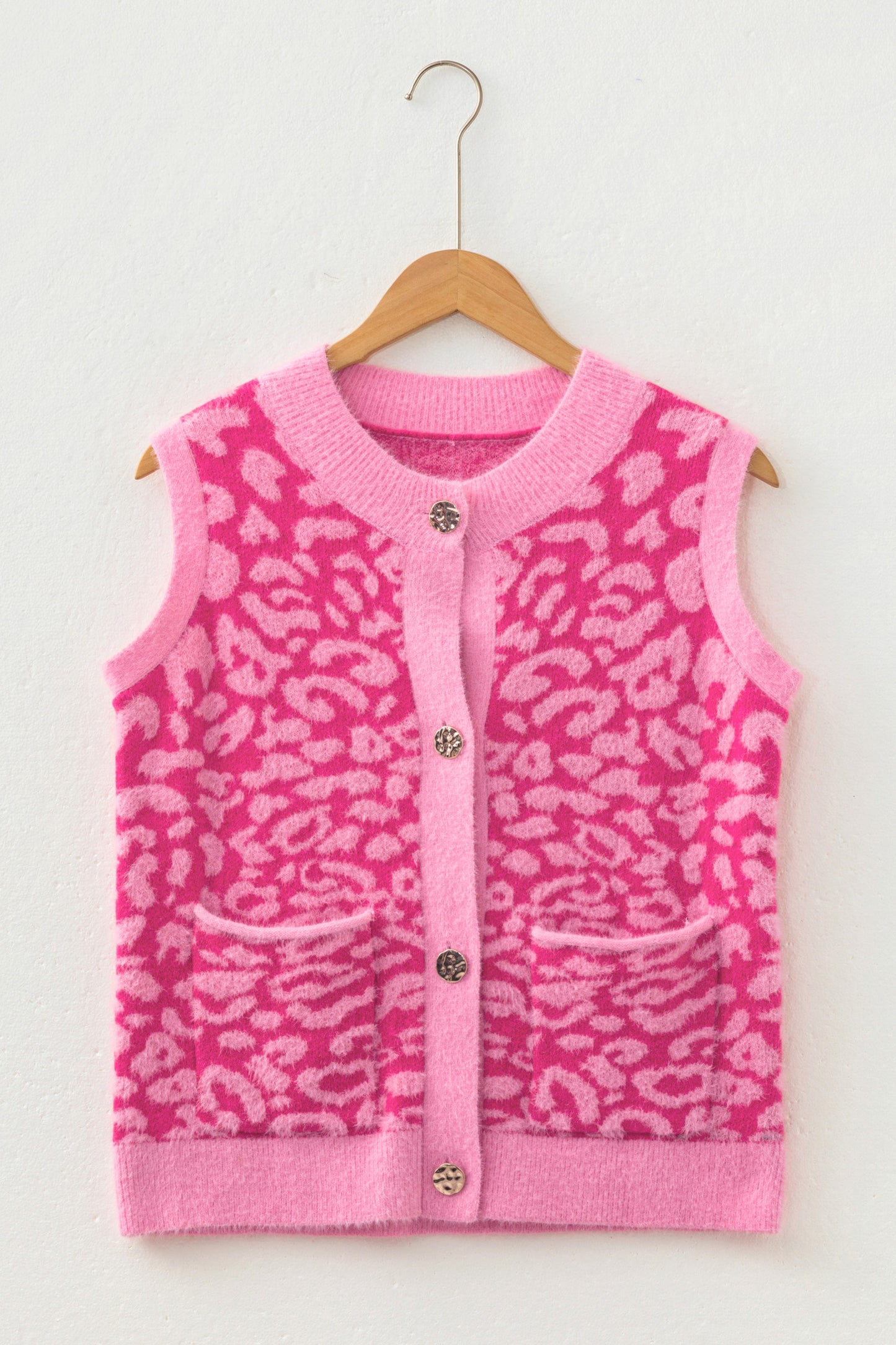 Pink Leopard Print Knit Sleeveless Regular Wash Sweater Vest-Sweaters & Cardigans/Sweater Vests-[Adult]-[Female]-2022 Online Blue Zone Planet