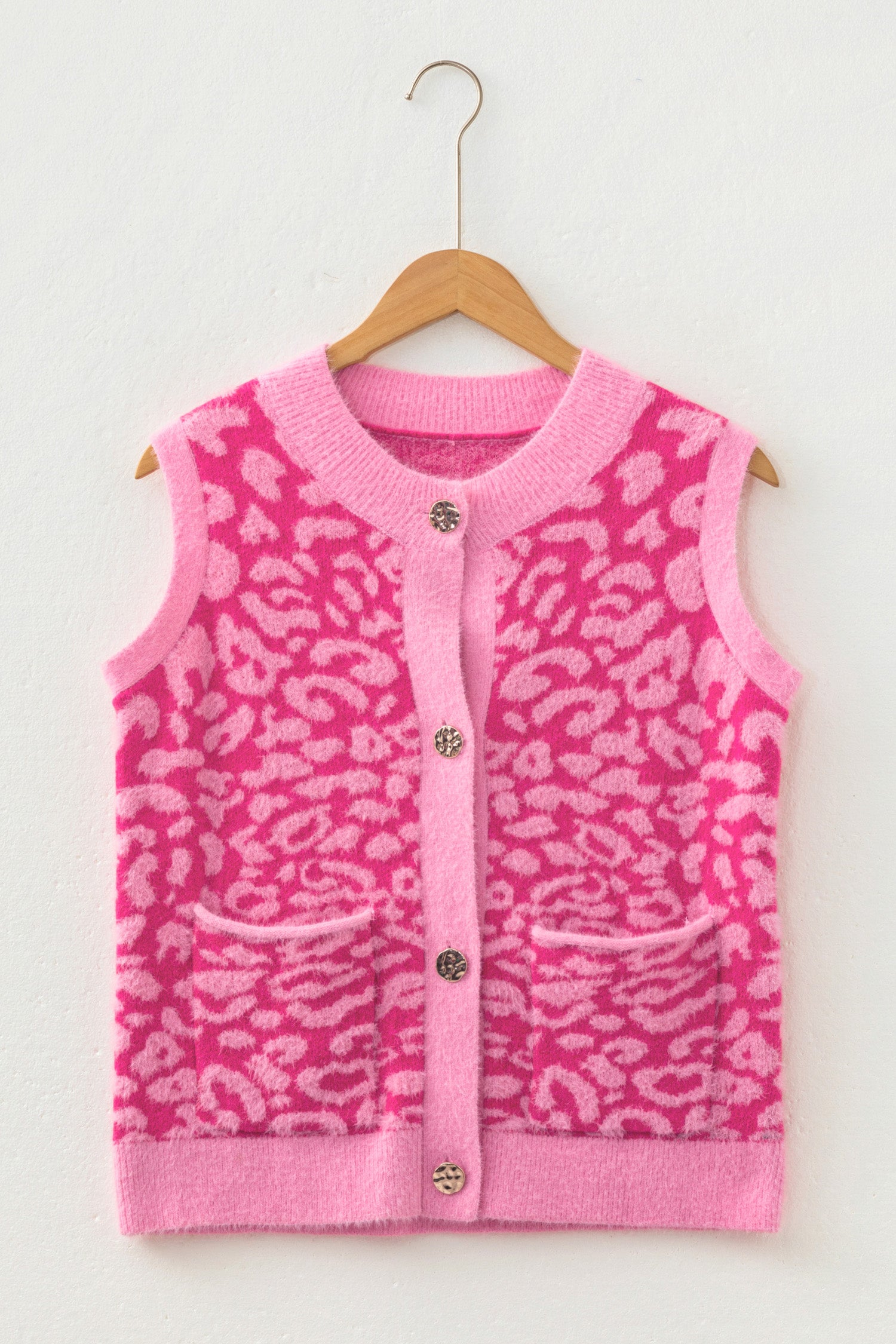 Pink Leopard Print Knit Sleeveless Regular Wash Sweater Vest-Sweaters & Cardigans/Sweater Vests-[Adult]-[Female]-2022 Online Blue Zone Planet