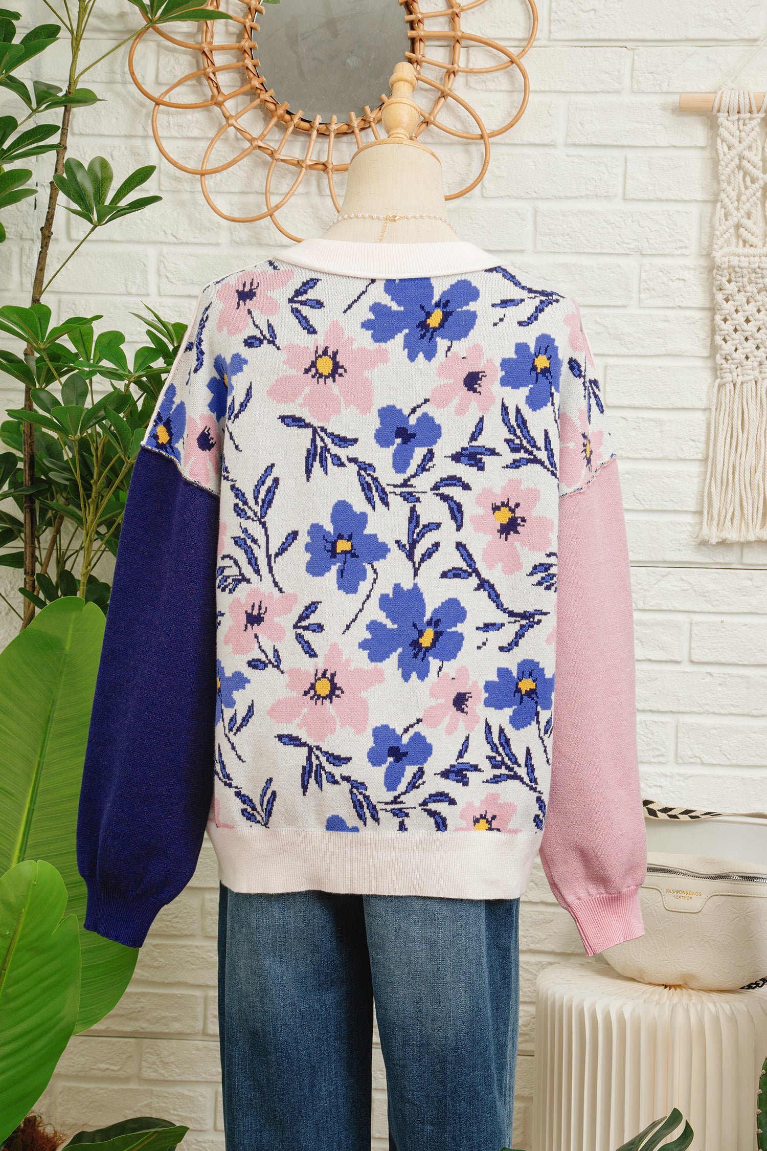 Khaki Floral Panel Colorblock Sleeve Patchwork Sweater-TOPS / DRESSES-[Adult]-[Female]-2022 Online Blue Zone Planet