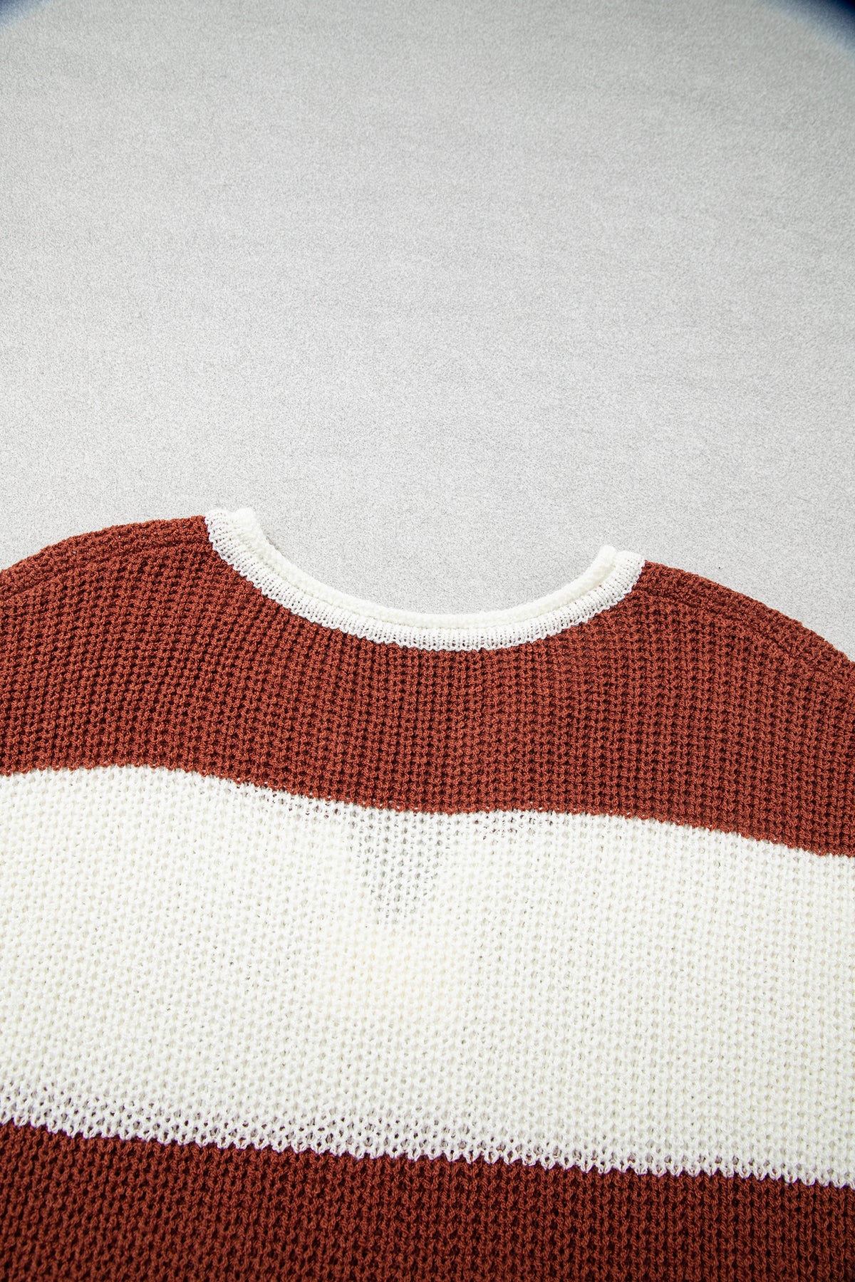 Brown Stripe Striped Colorblock Knit V Neck Short Sleeve Loose Sweater-Sweaters & Cardigans/Short Sleeve Sweaters-[Adult]-[Female]-2022 Online Blue Zone Planet