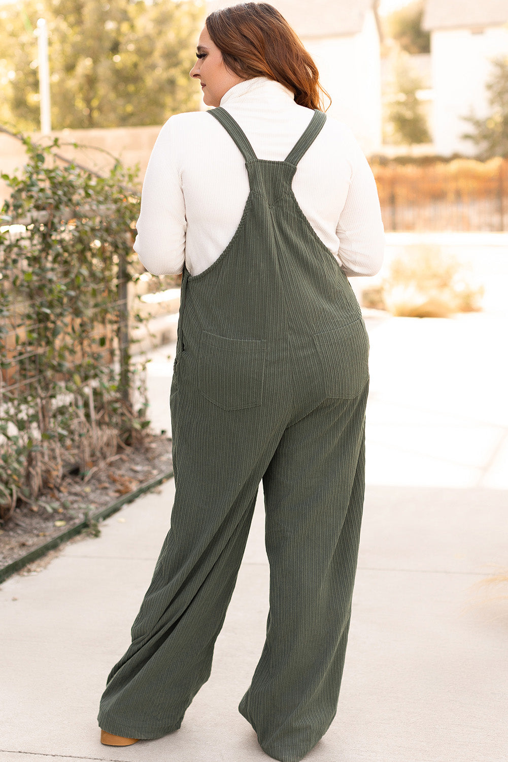 Jungle Green Plus Size Side Pockets Corduroy Overall-Plus Size Bottoms-[Adult]-[Female]-2022 Online Blue Zone Planet