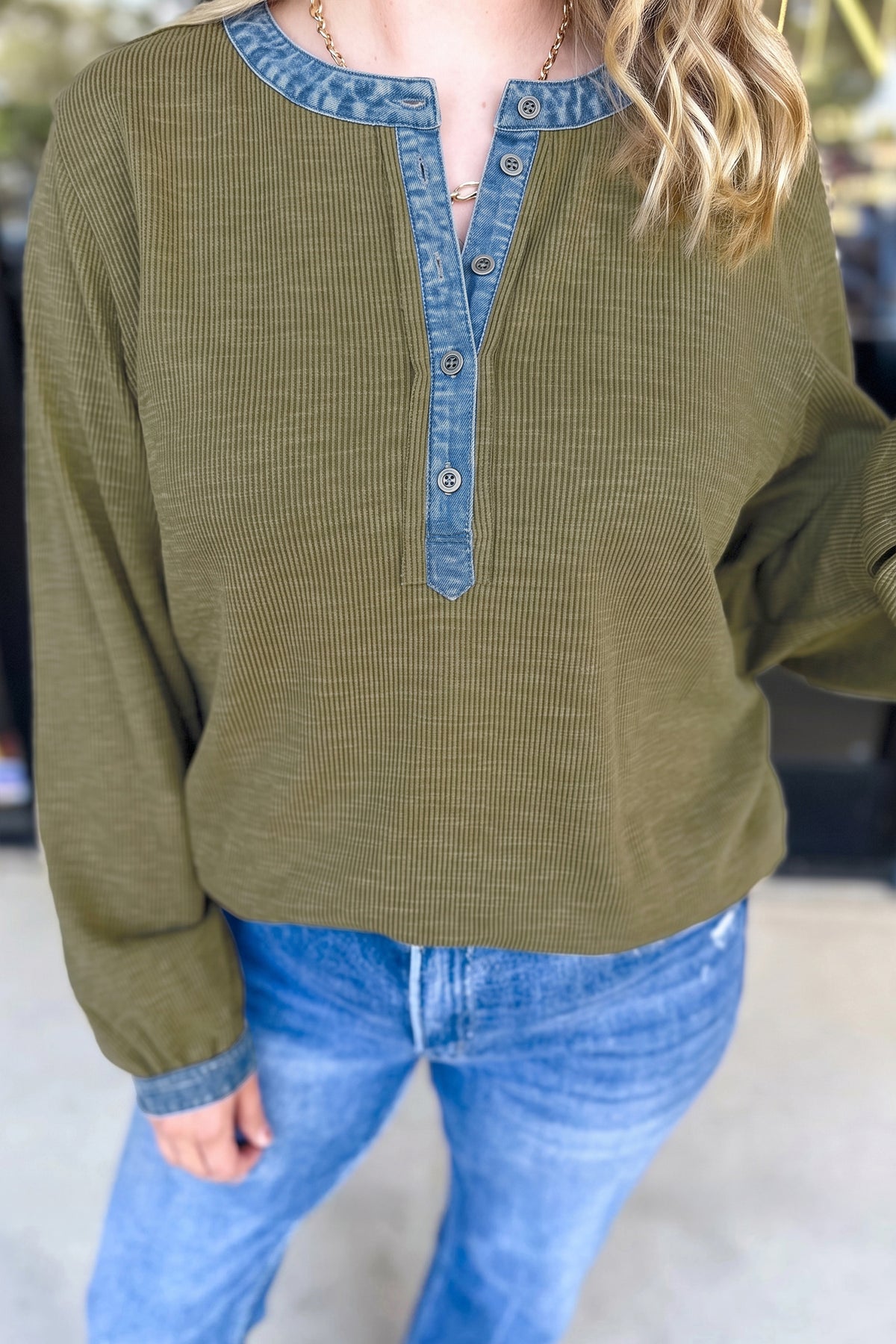 Four Leaf Clover Ribbed Knit Denim Accents V Neck Long Sleeve Oversized Fit Plus Size Blouse