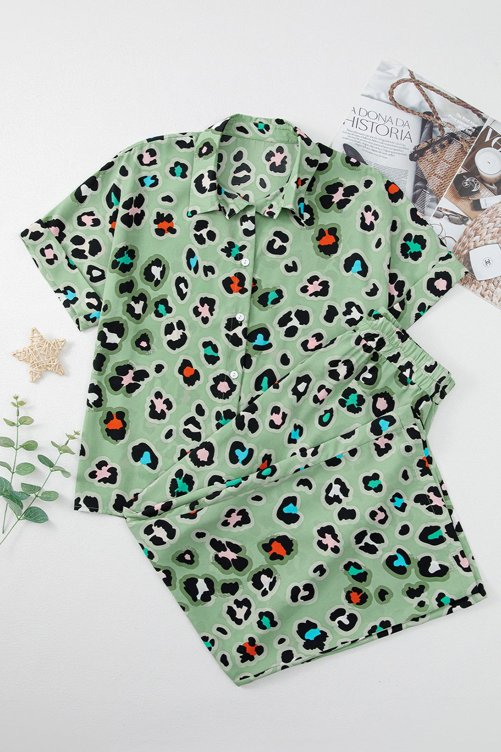 Leopard Collared Neck Top and Pants Set-TOPS / DRESSES-[Adult]-[Female]-2022 Online Blue Zone Planet