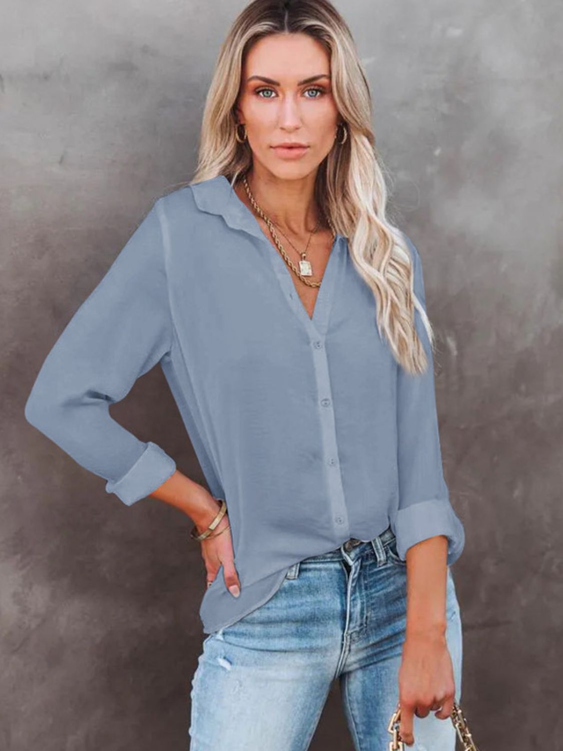 Button Down Collared Neck Long Sleeve Shirt-TOPS / DRESSES-[Adult]-[Female]-2022 Online Blue Zone Planet