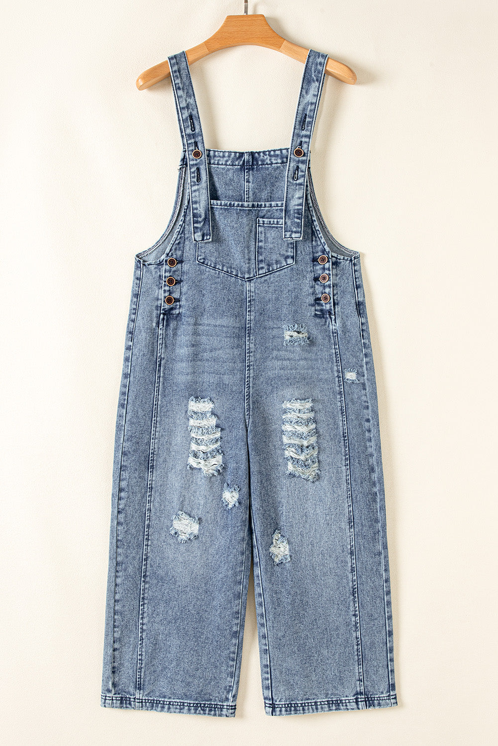 Blue Zone Planet | Stone Blue Distressed Bib Pocket Wide Leg Denim Overall-Bottoms/Jumpsuits & Rompers-[Adult]-[Female]-2022 Online Blue Zone Planet