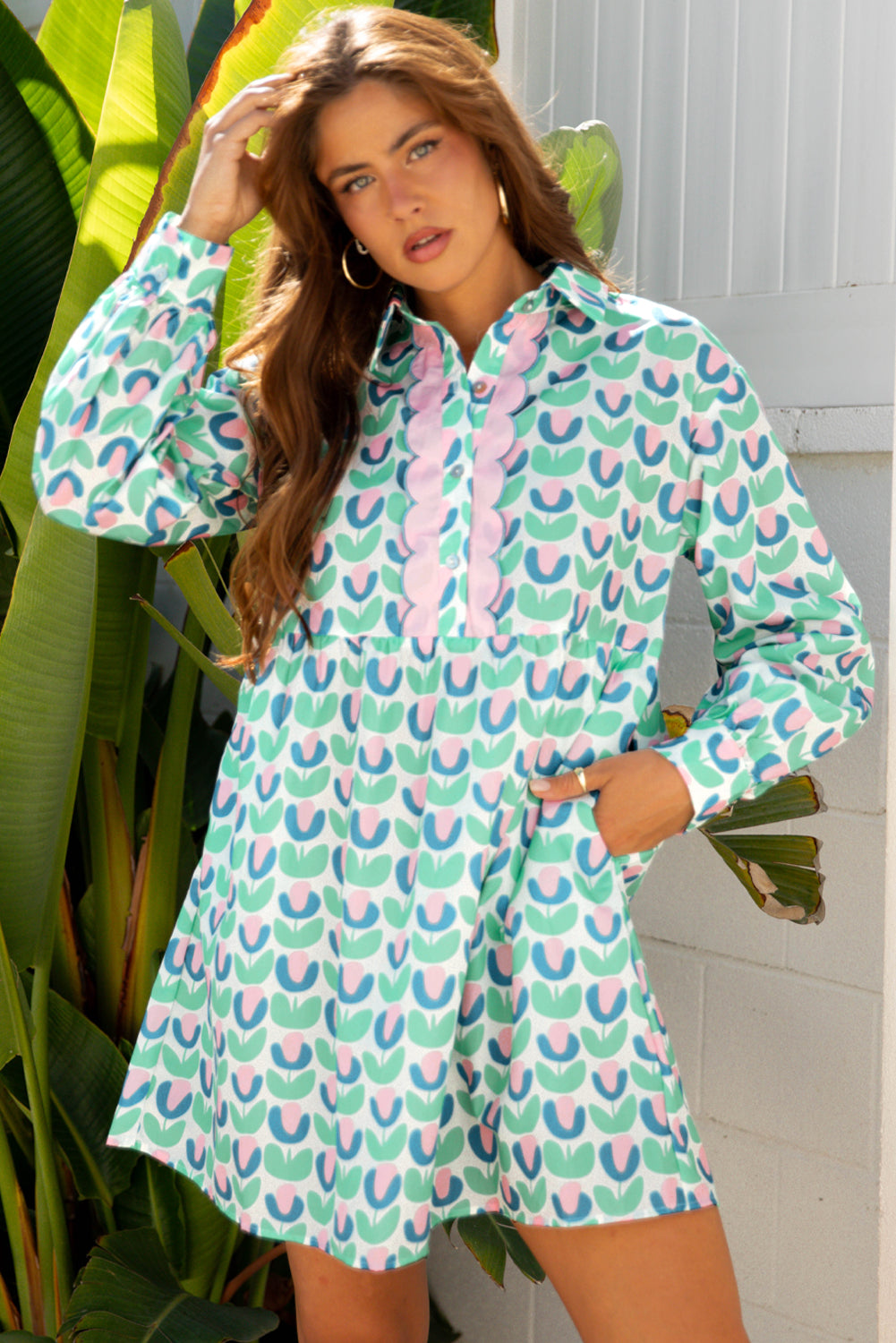 Green Floral Print Notched Neck Scalloped Detail Long Sleeve Mini Dress-TOPS / DRESSES-[Adult]-[Female]-2022 Online Blue Zone Planet