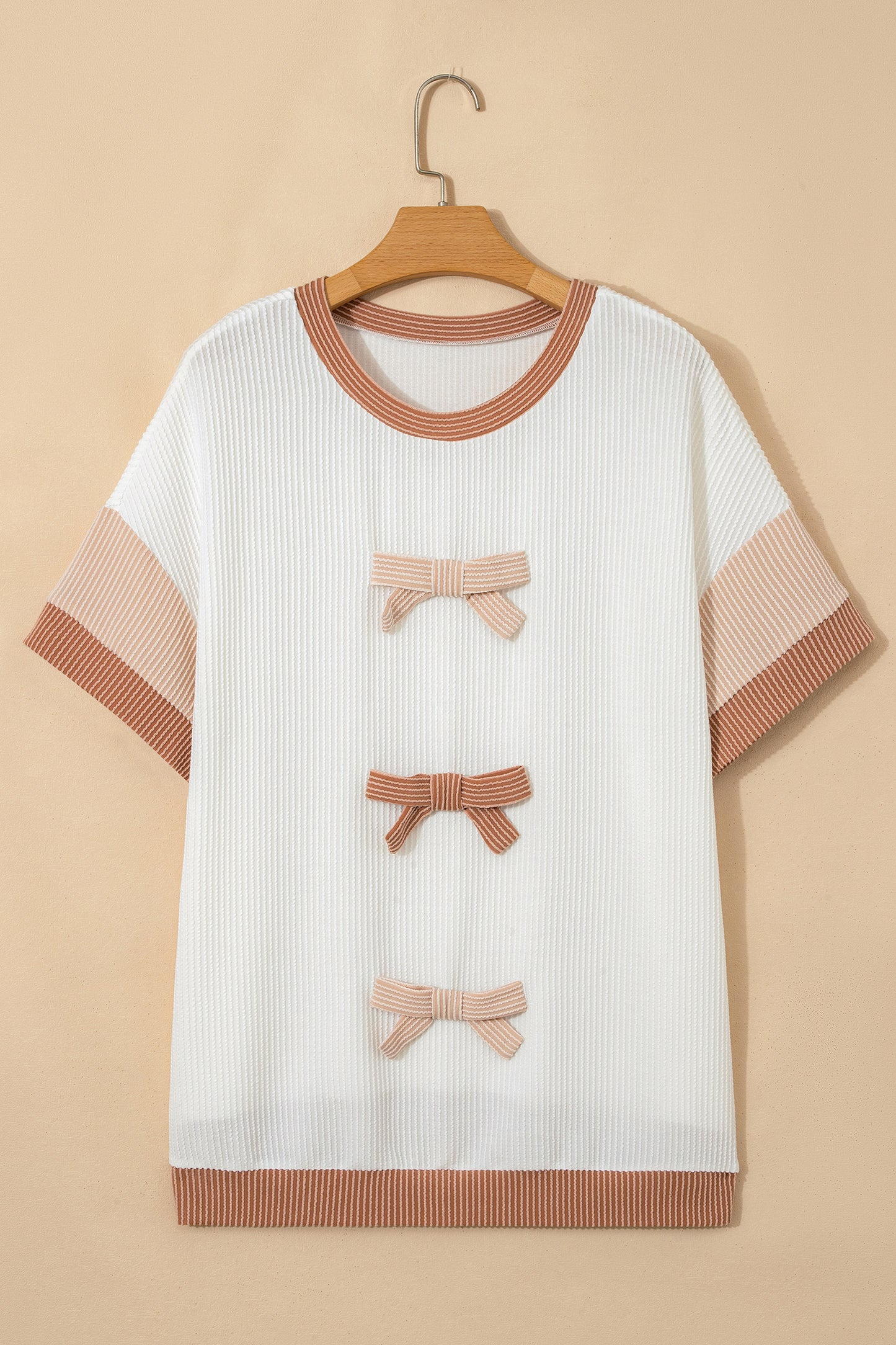 Apricot Bowknot Applique Plus Size Ribbed Top-Plus Size/Plus Size Tops/Plus Size Tops & Tees-[Adult]-[Female]-2022 Online Blue Zone Planet