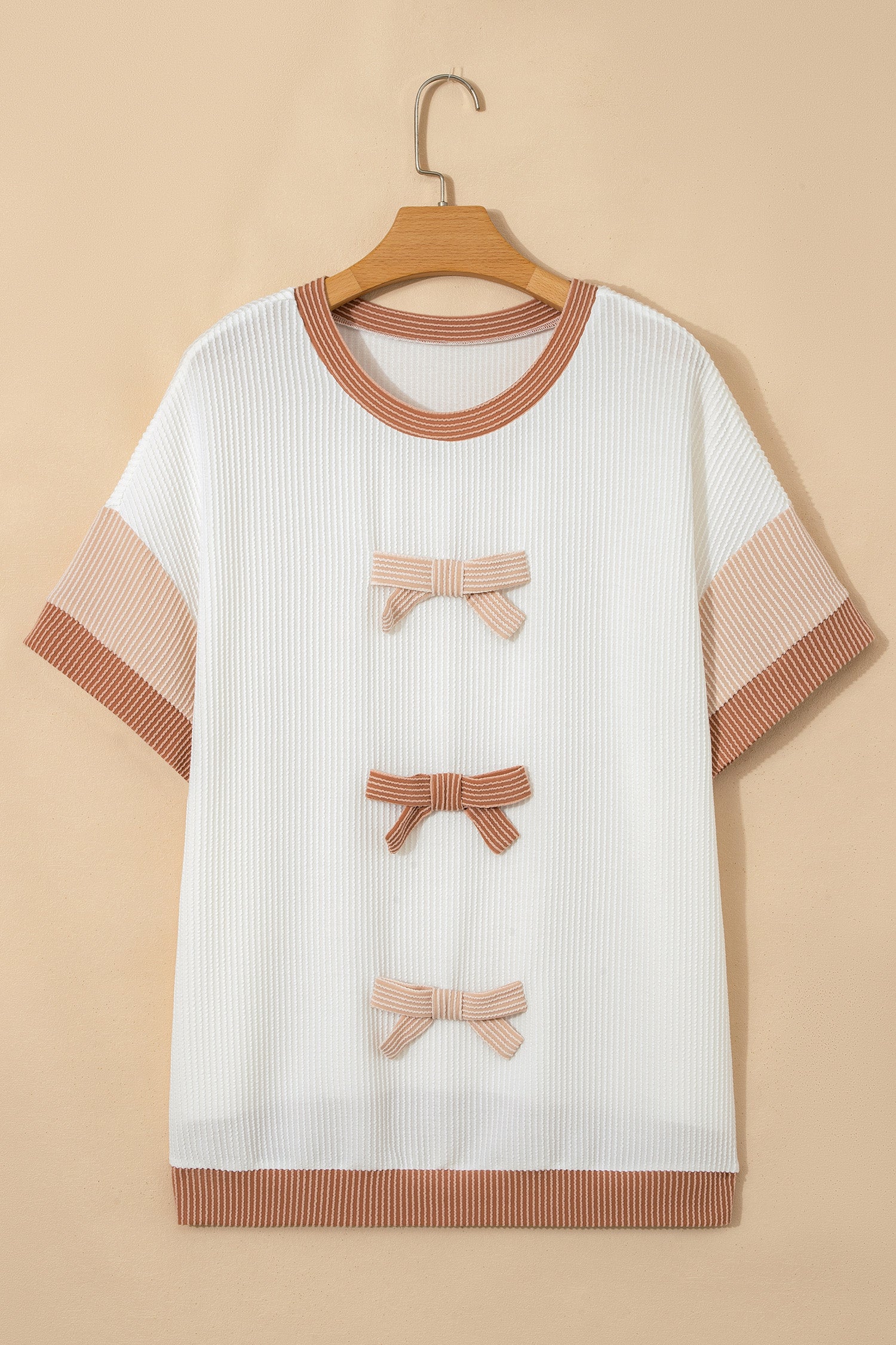 Apricot Bowknot Applique Plus Size Ribbed Top-Plus Size/Plus Size Tops/Plus Size Tops & Tees-[Adult]-[Female]-2022 Online Blue Zone Planet