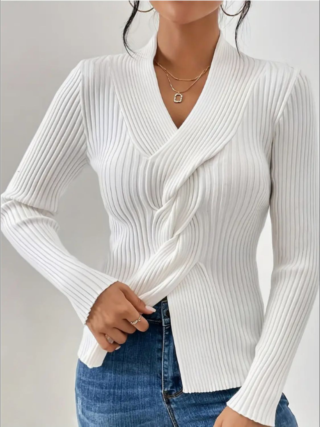 Twist Front Ribbed Long Sleeve Sweater-TOPS / DRESSES-[Adult]-[Female]-White-S-2022 Online Blue Zone Planet