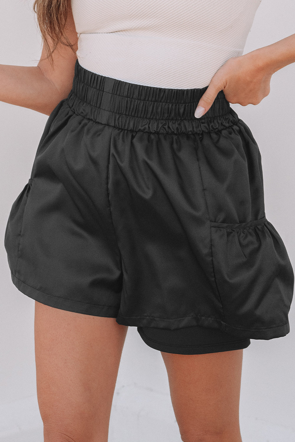 Black Elastic High Waist Pocketed Casual Shorts-Bottoms/Casual Shorts-[Adult]-[Female]-2022 Online Blue Zone Planet